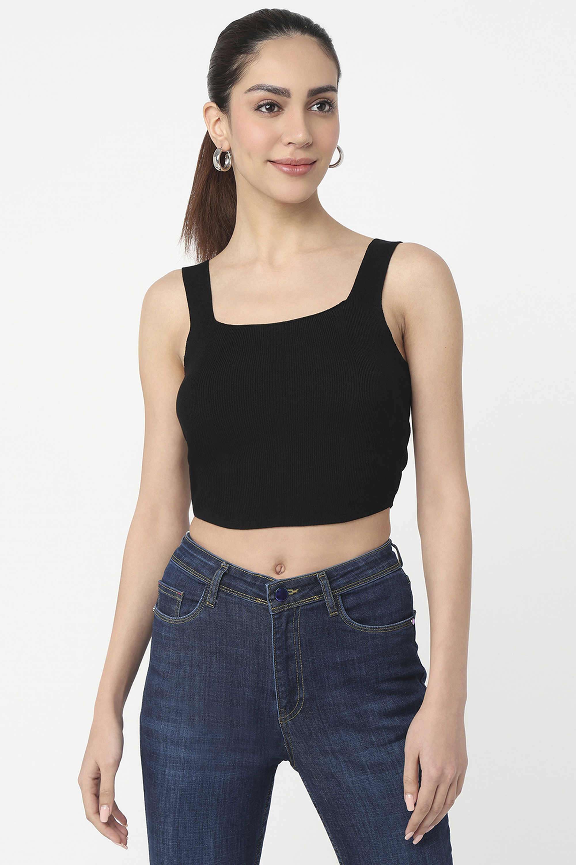 Solid-Blended-Fabric-Square-Neck-Women-s-Top