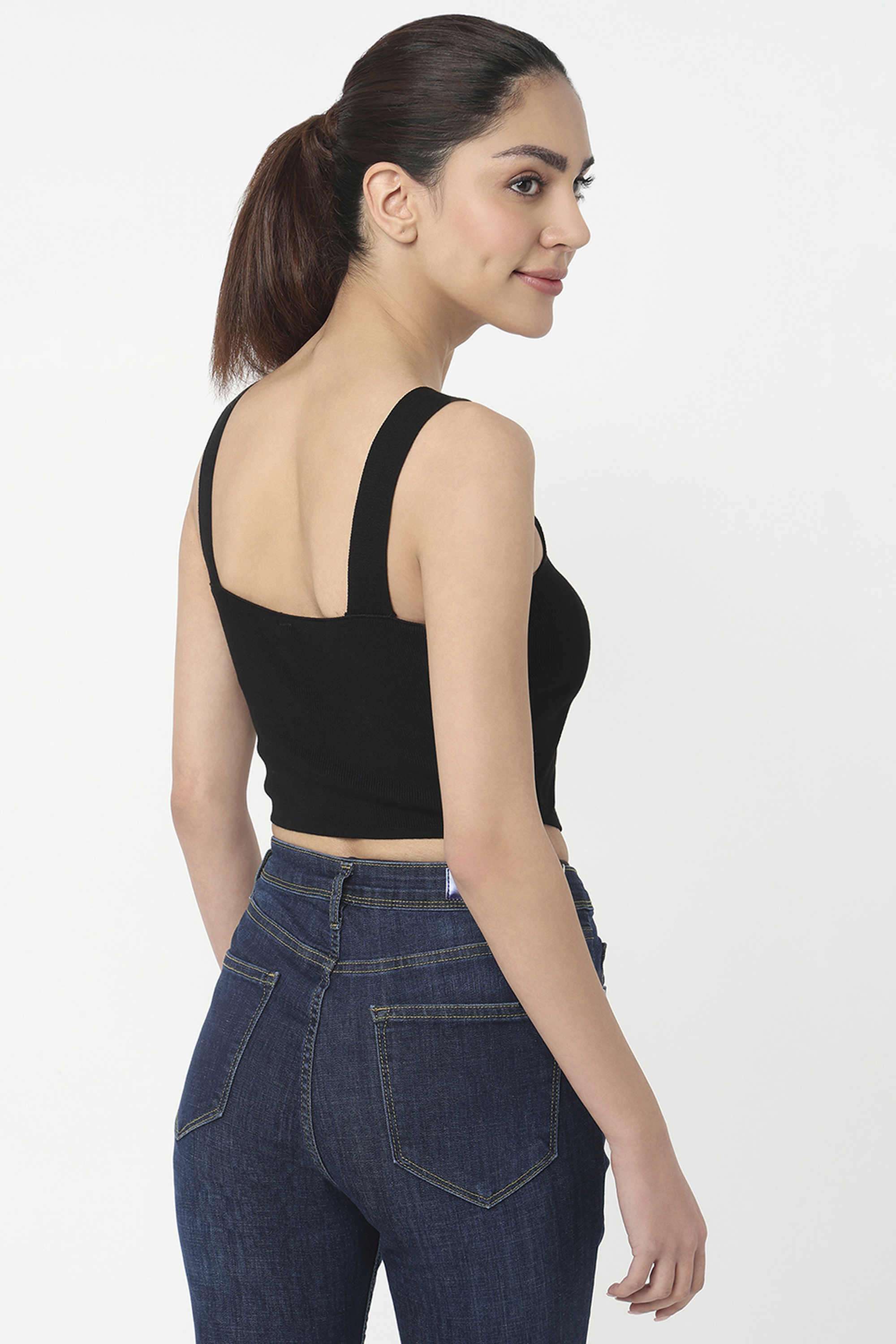 Solid-Blended-Fabric-Square-Neck-Women-s-Top