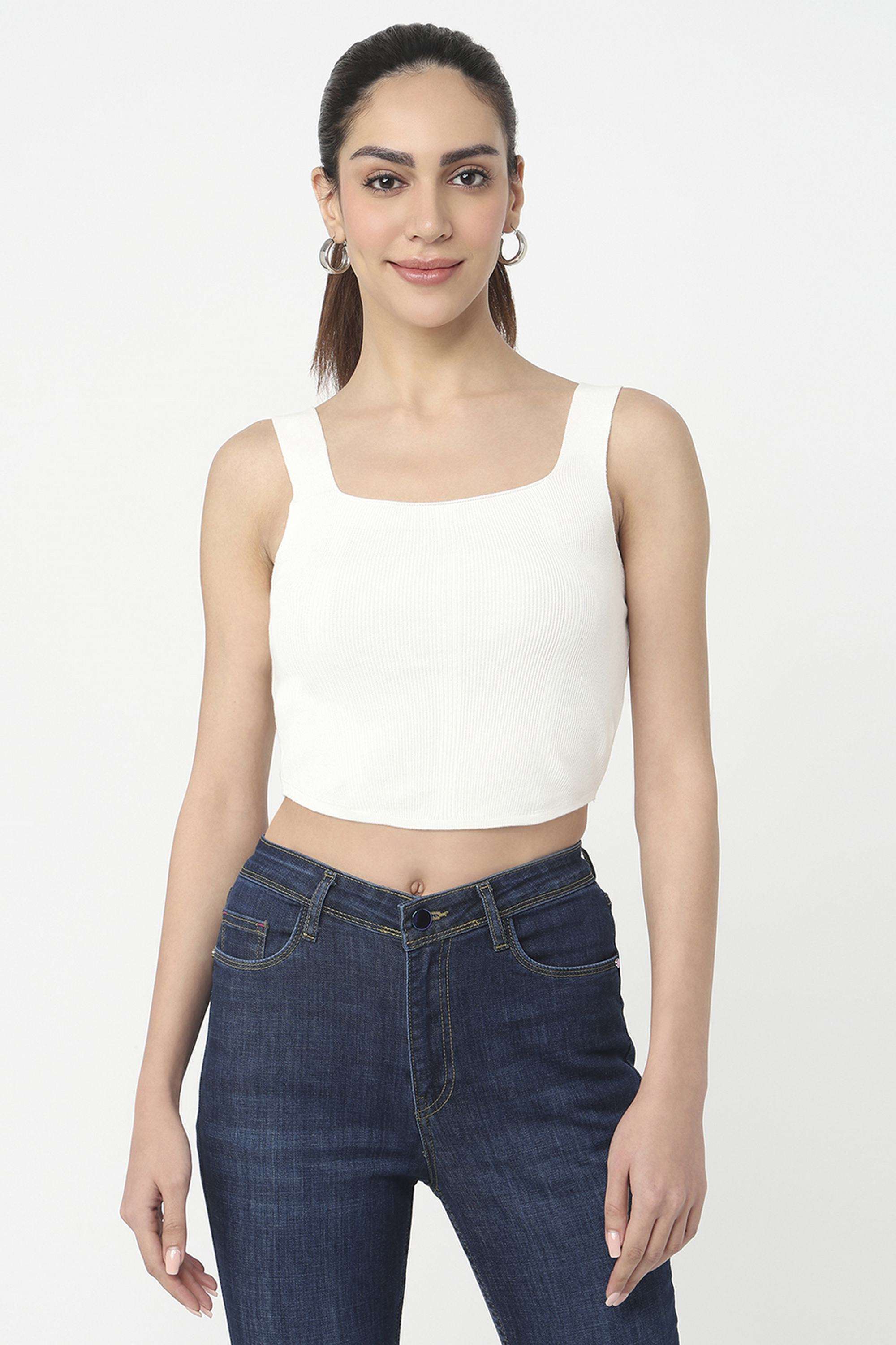 Solid-Blended-Fabric-Square-Neck-Women-s-Top