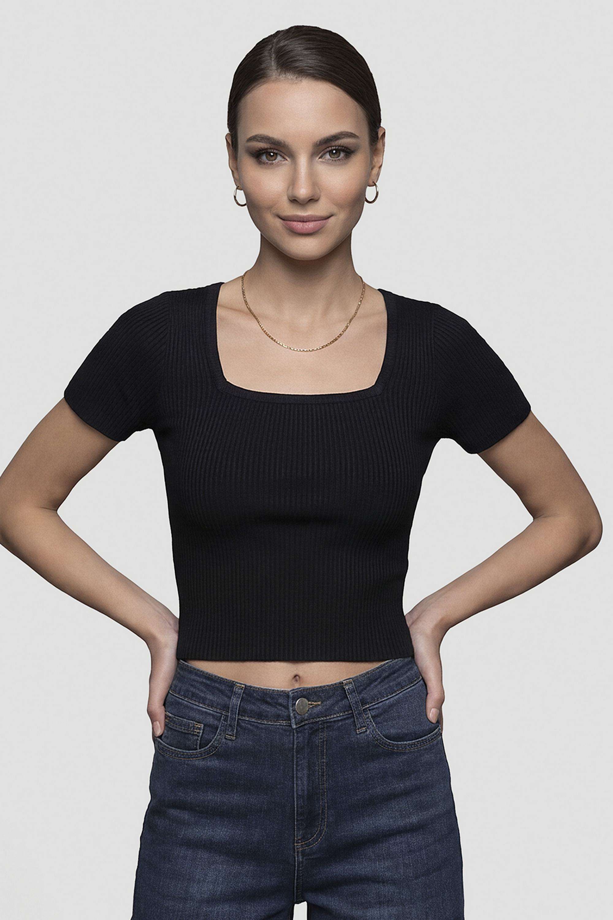 Solid-Blended-U-Neck-Women-s-T-Shirt