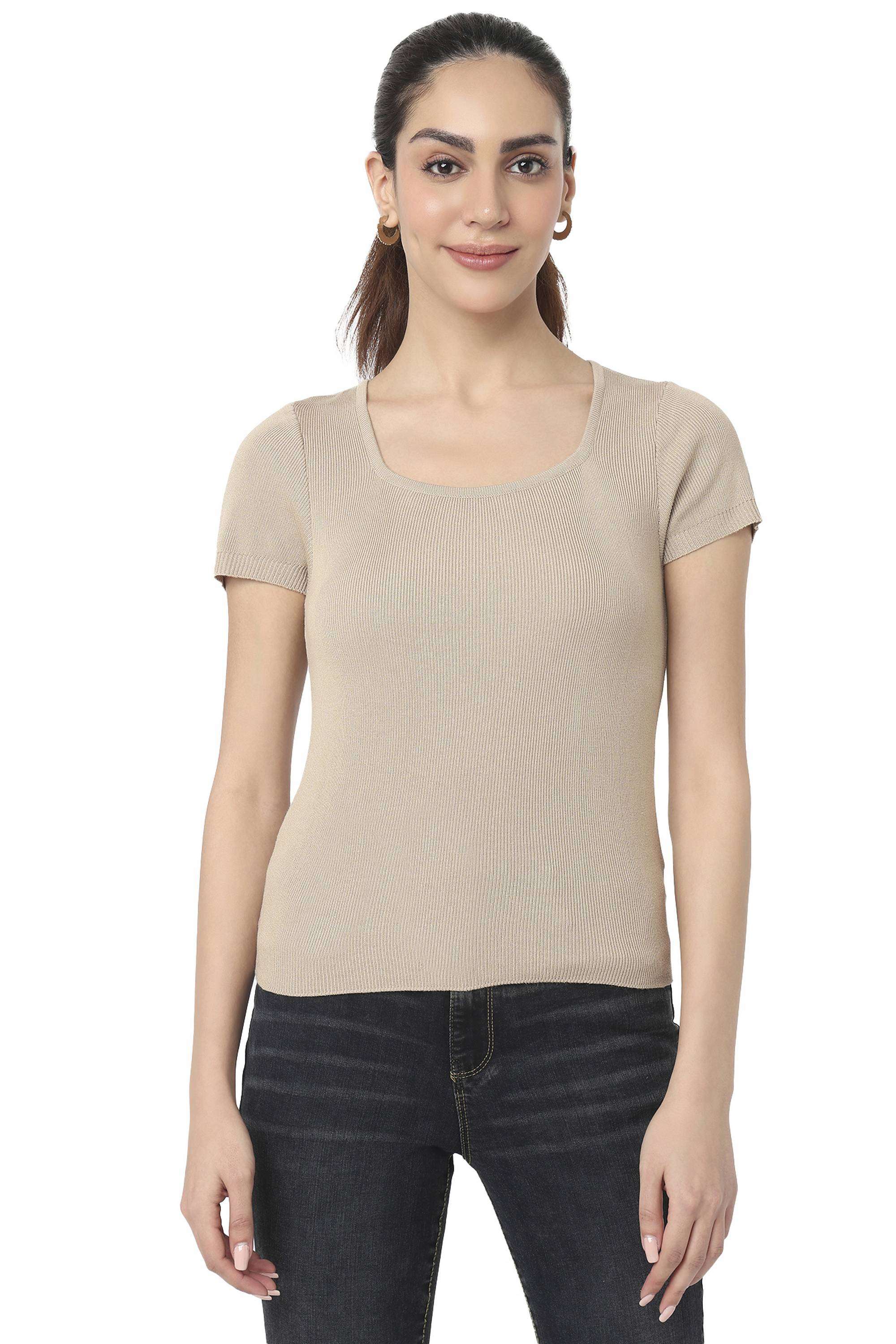 Solid-Blended-Fabric-Round-Neck-Women-s-Top