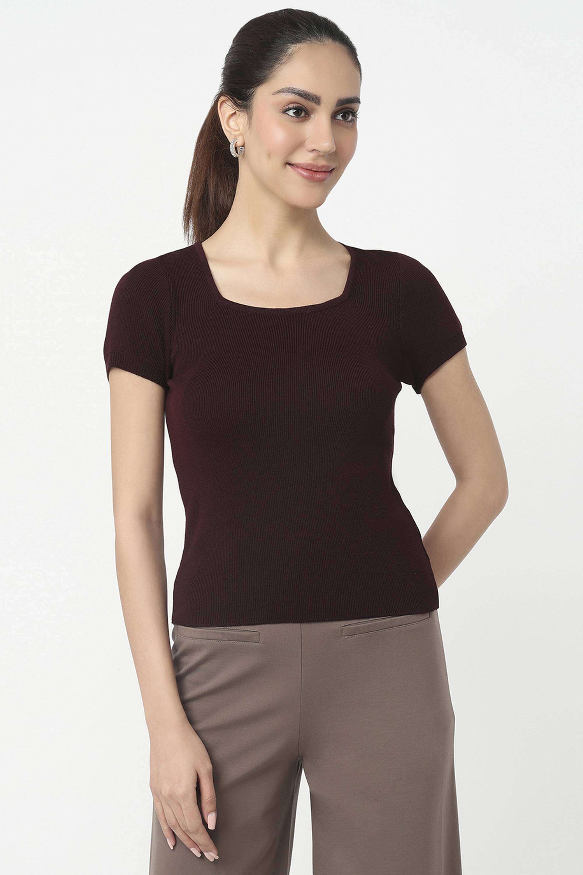 Solid-Blended-Fabric-Round-Neck-Women-s-Top