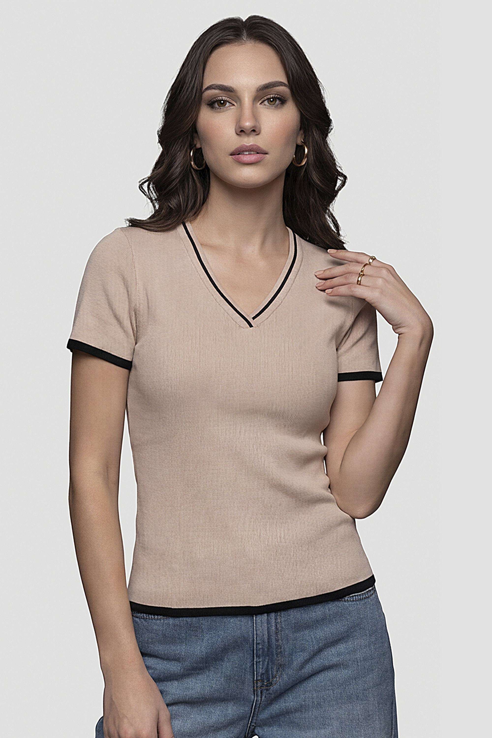 Solid-Blended-V-Neck-Women-s-T-Shirt