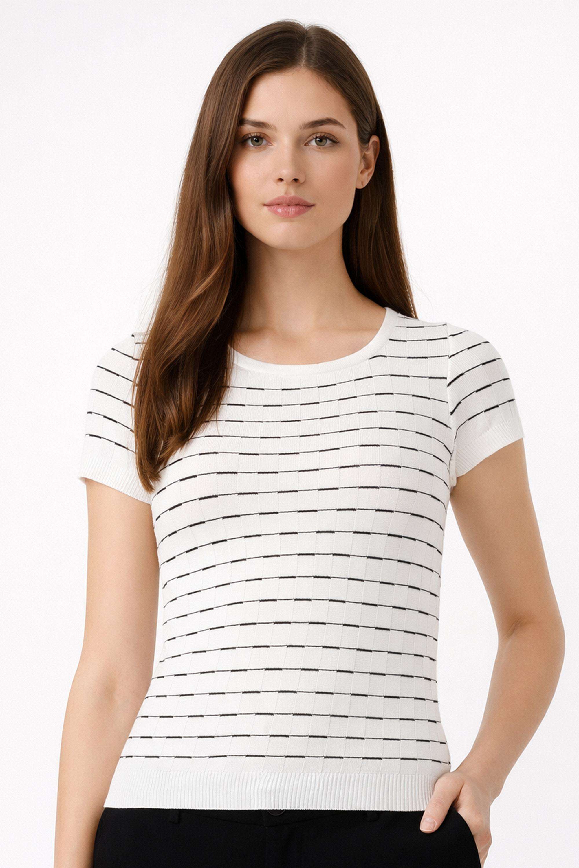 Stripes-Blended-Fabric-Round-Neck-Women-Top