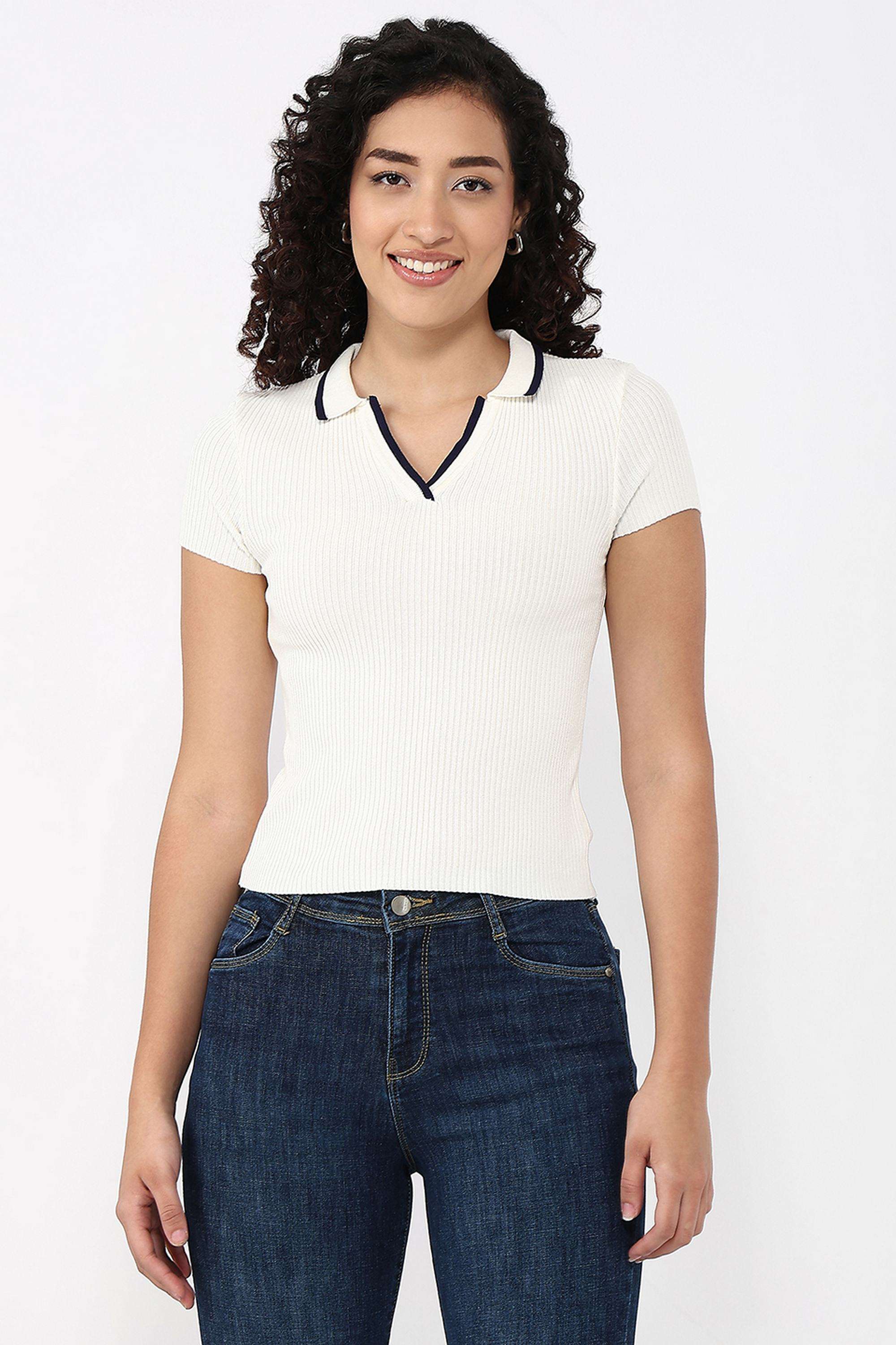 Textured-Blended-Fabric-Collared-Women-s-T-Shirt