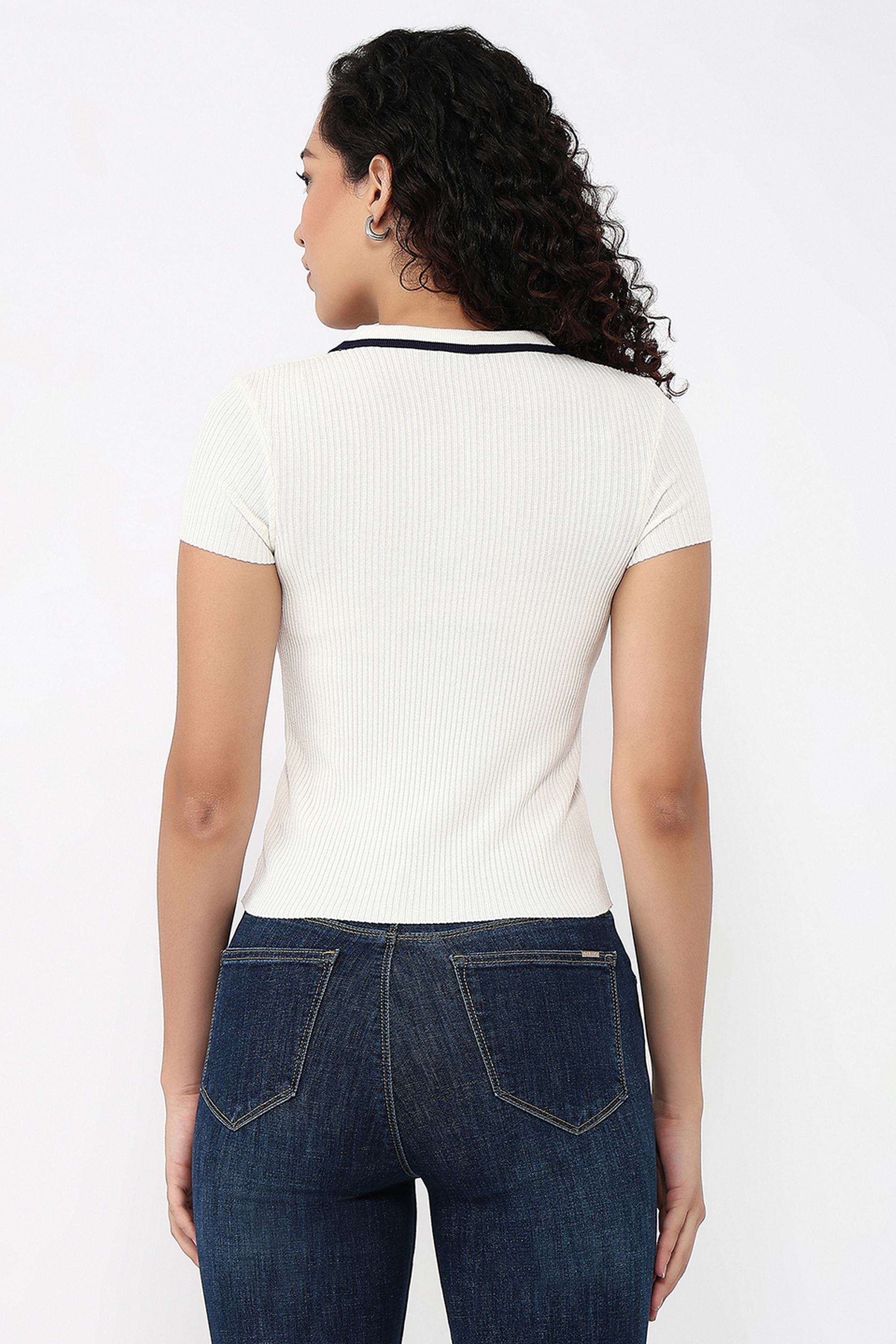Textured-Blended-Fabric-Collared-Women-s-T-Shirt