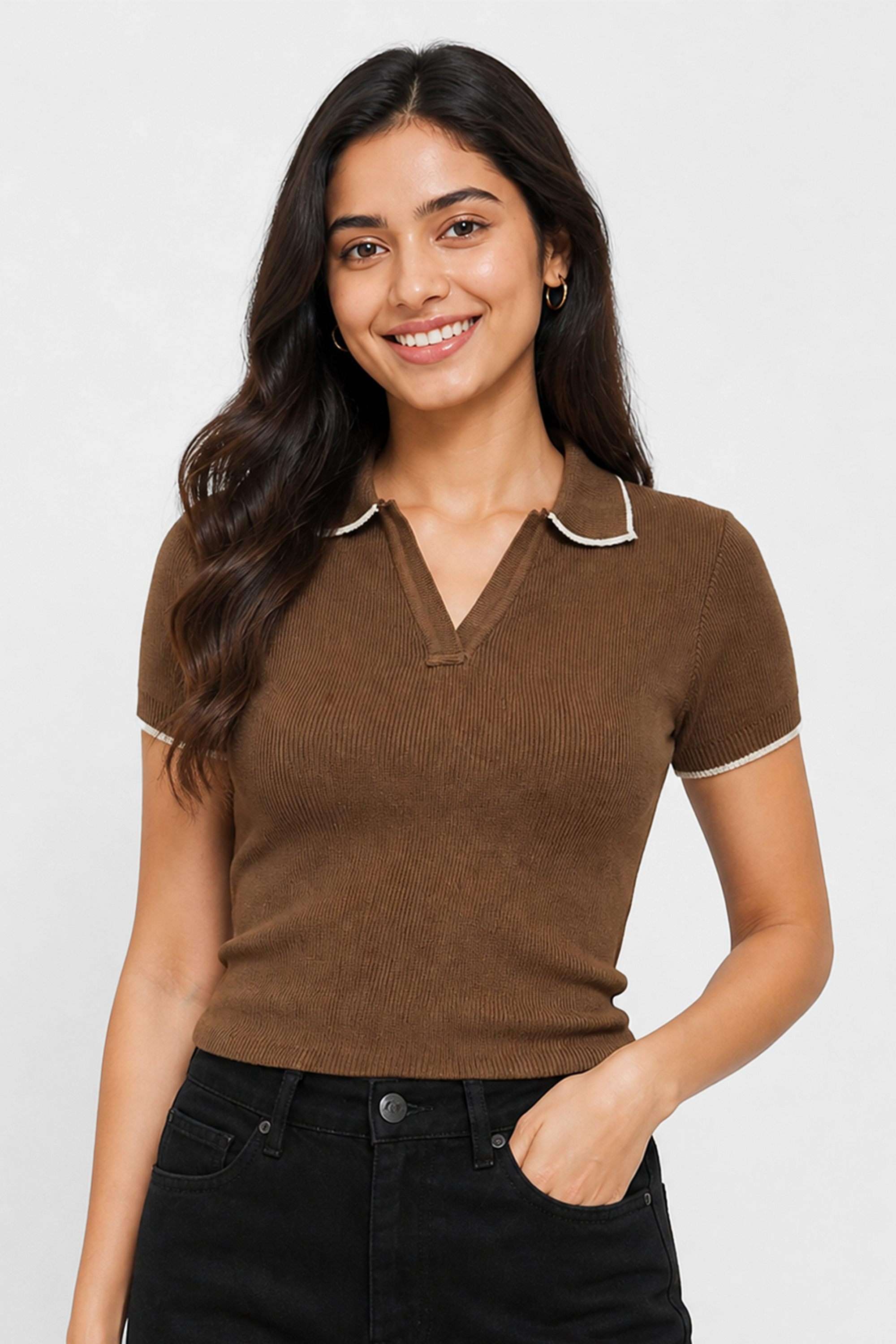 Solid Viscose Nylon Blend V-Neck Women's Top-image-28