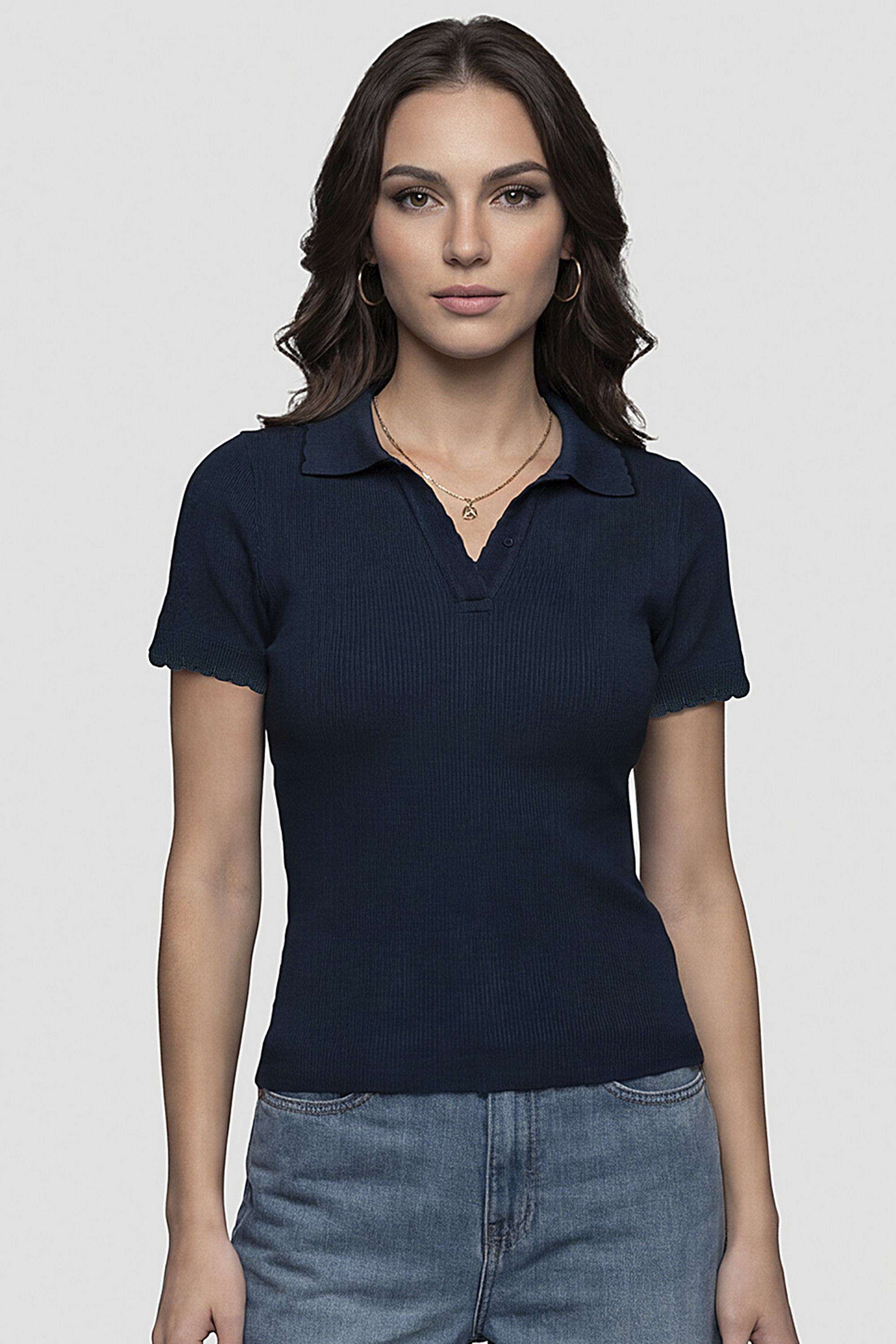 Solid-Blended-Collared-Women-s-T-Shirt