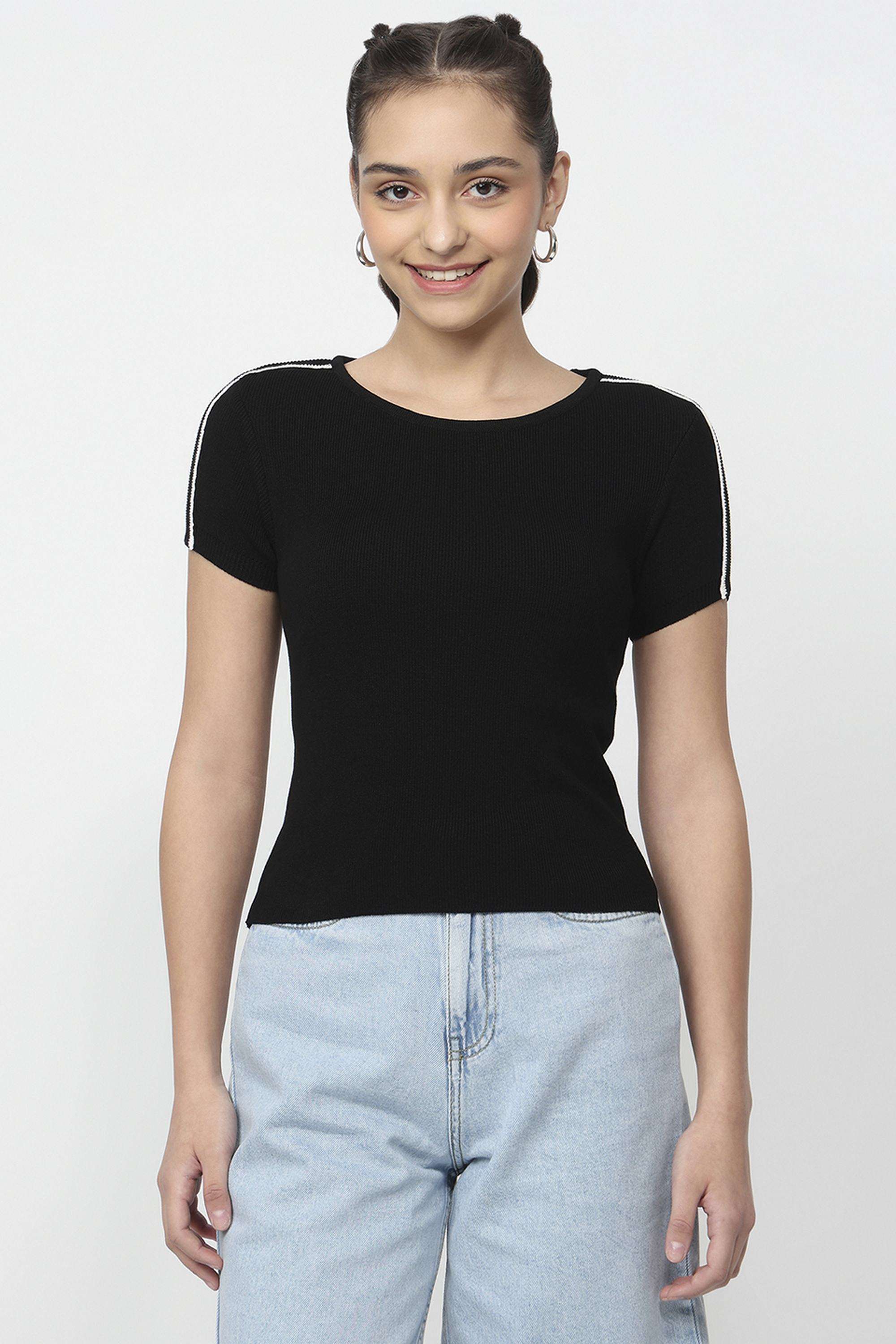 Solid-Blended-Fabric-Round-Neck-Women-s-Top