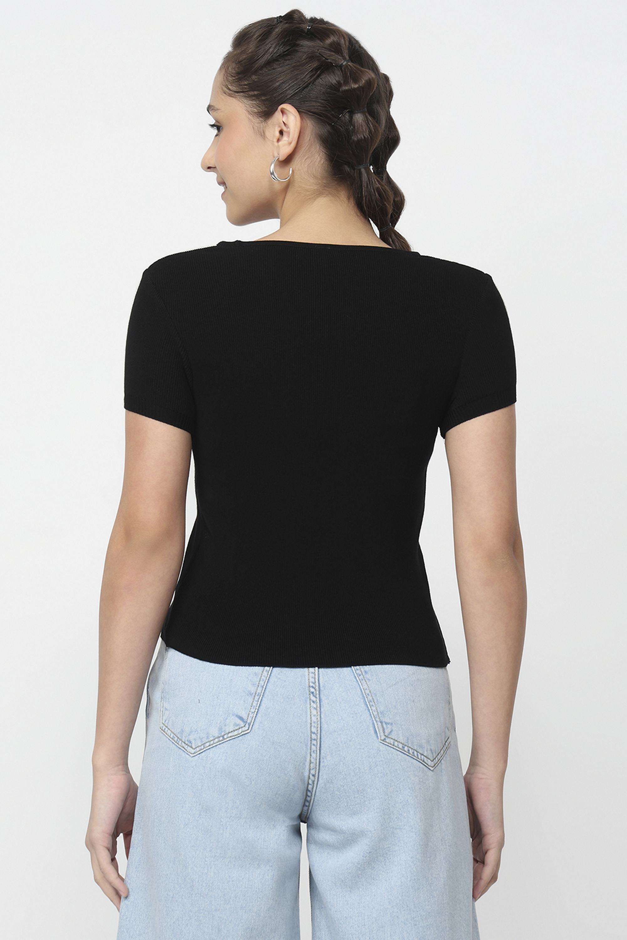 Solid-Blended-Fabric-Round-Neck-Women-s-Top