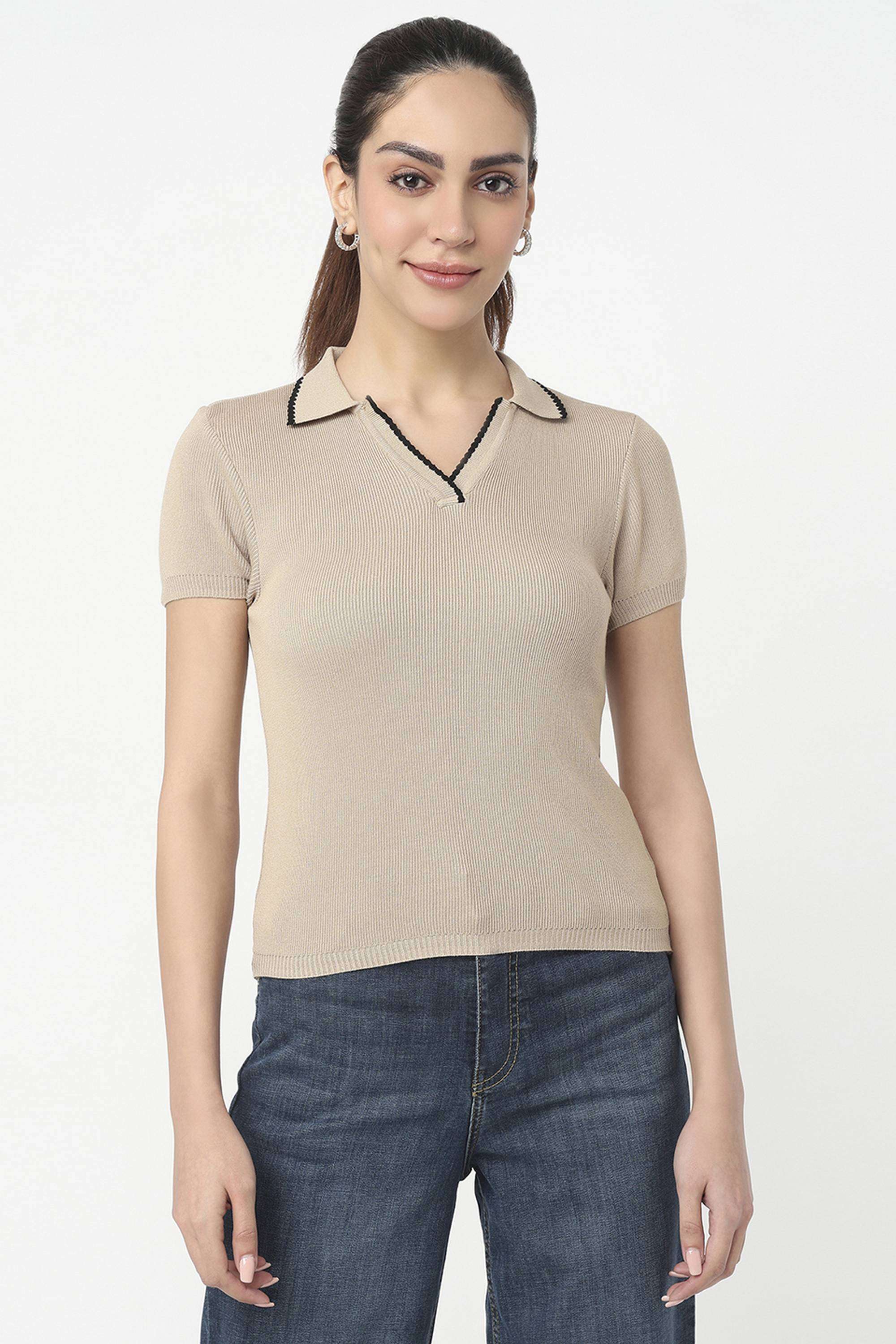 Solid-Blended-Fabric-Collared-Women-s-Top
