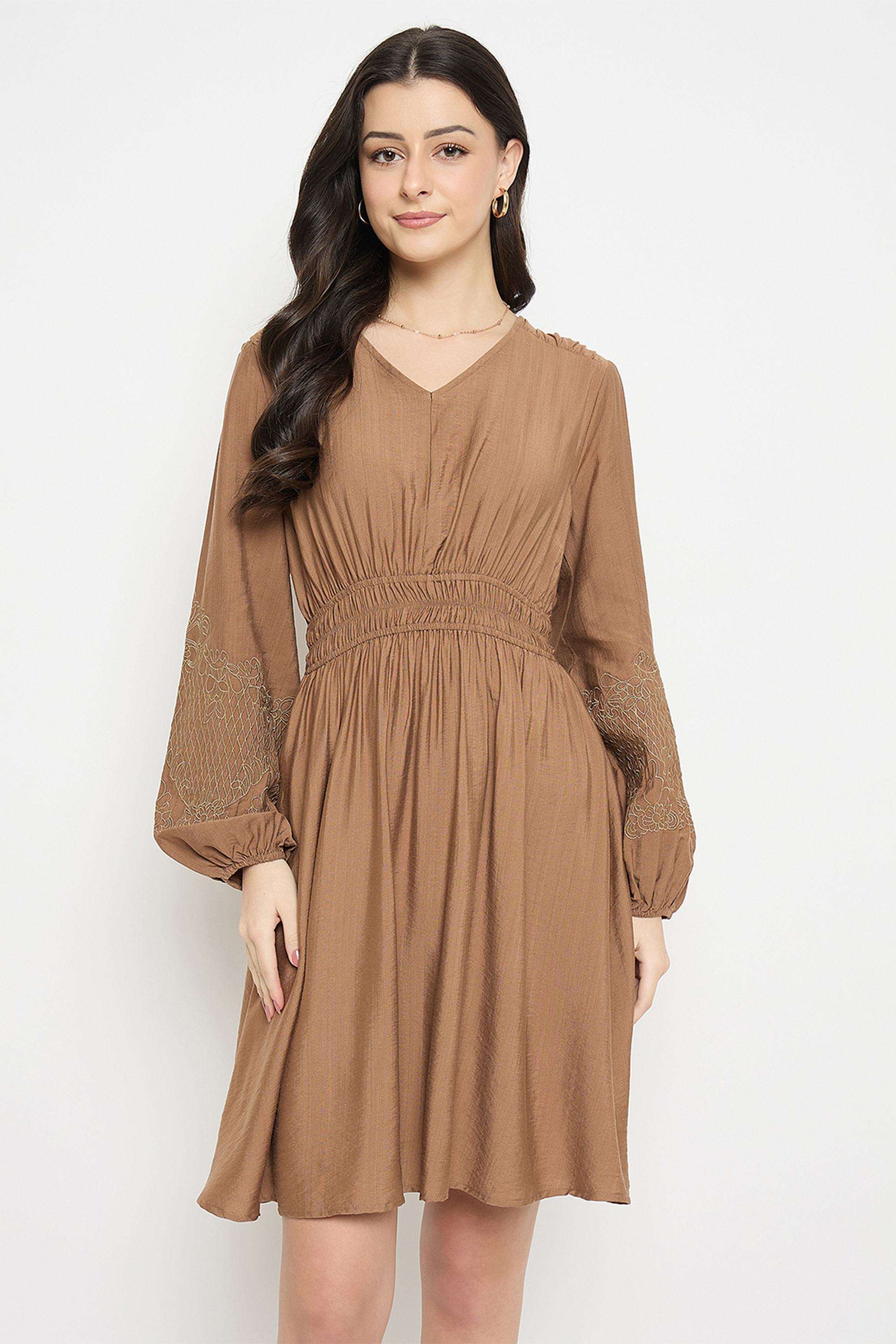Embroidered-Rayon-V-Neck-Women-s-Dress