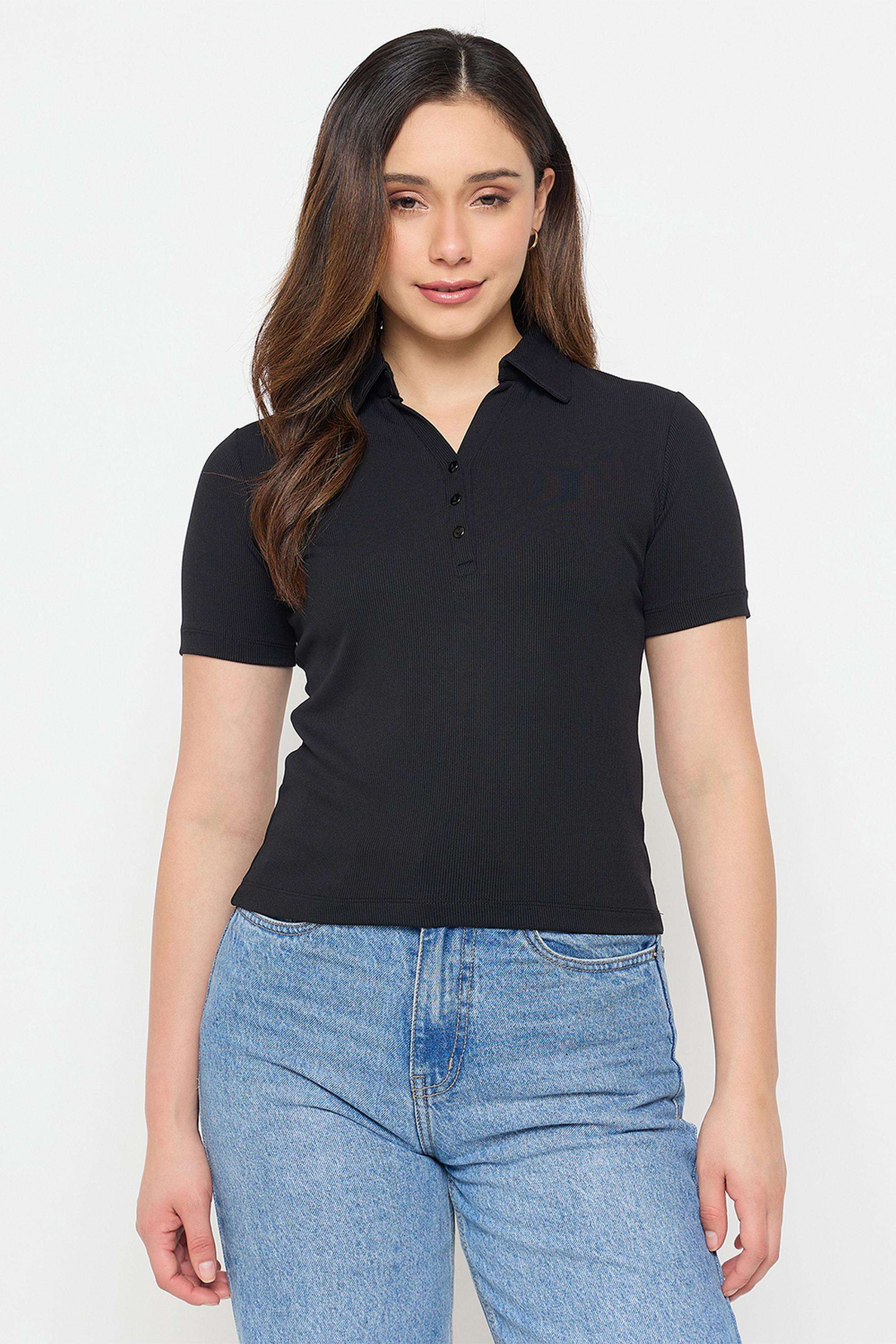 Solid-Polyester-Collared-Women-s-T-Shirt