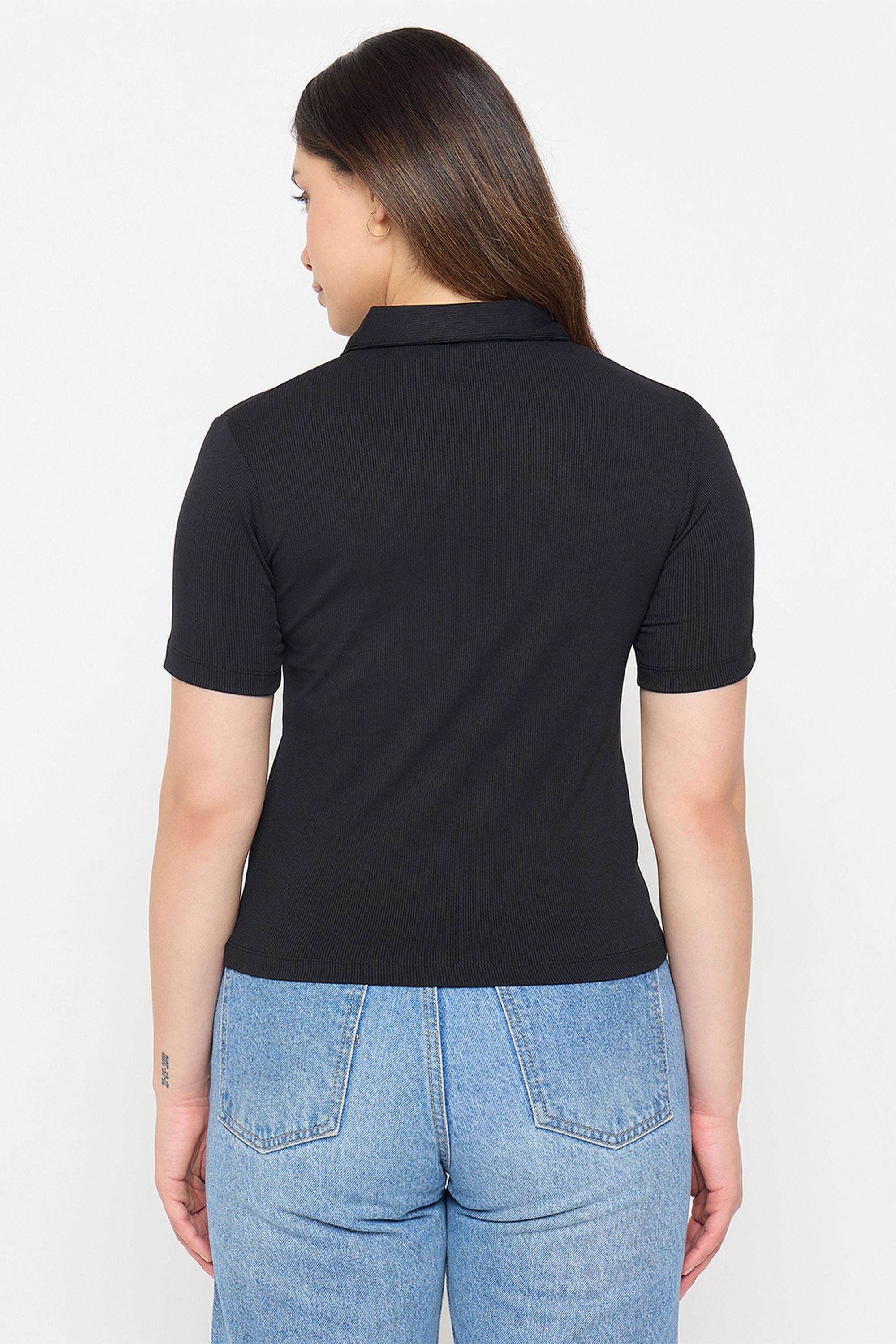 Solid-Polyester-Collared-Women-s-T-Shirt