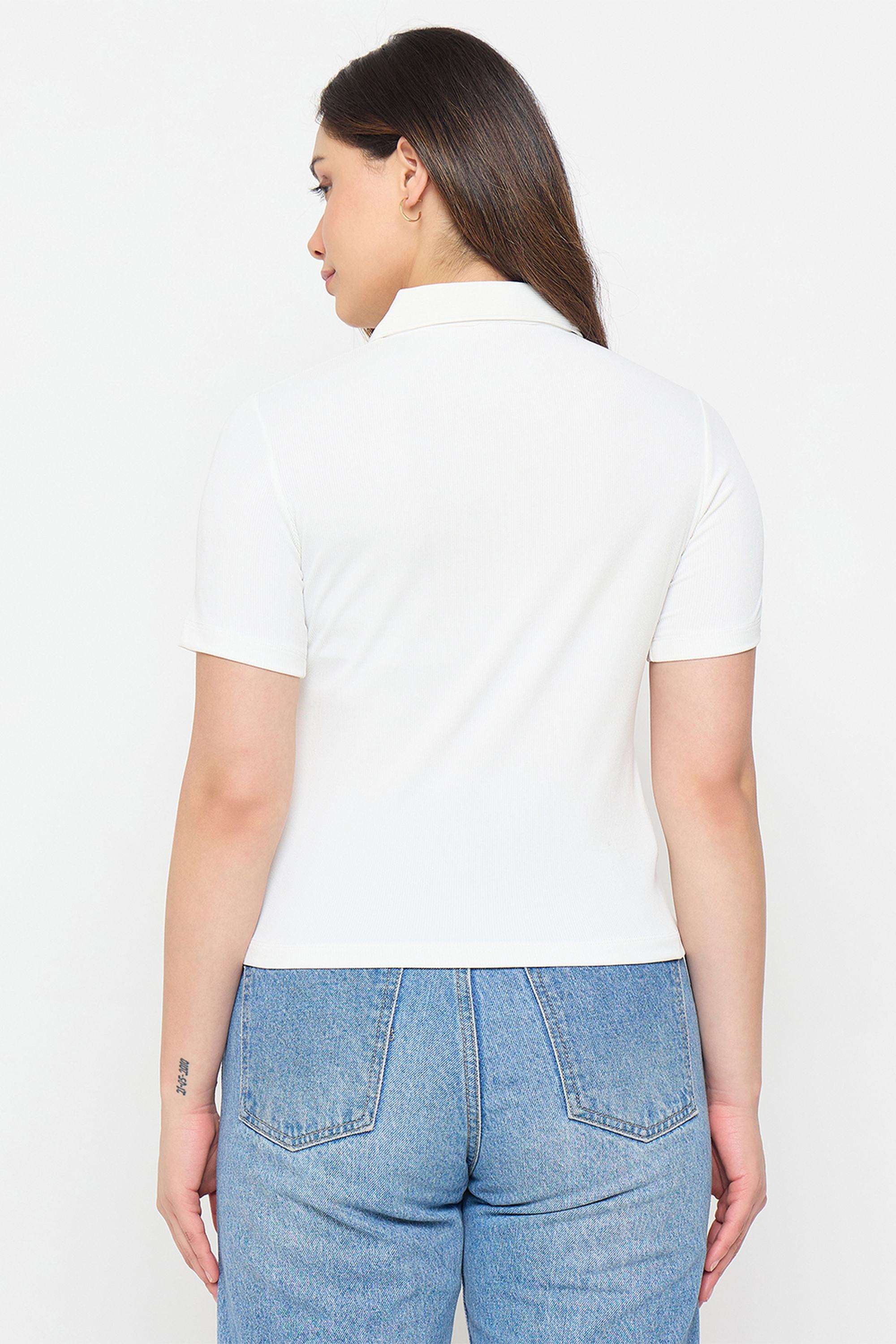 Solid-Polyester-Collared-Women-s-T-Shirt