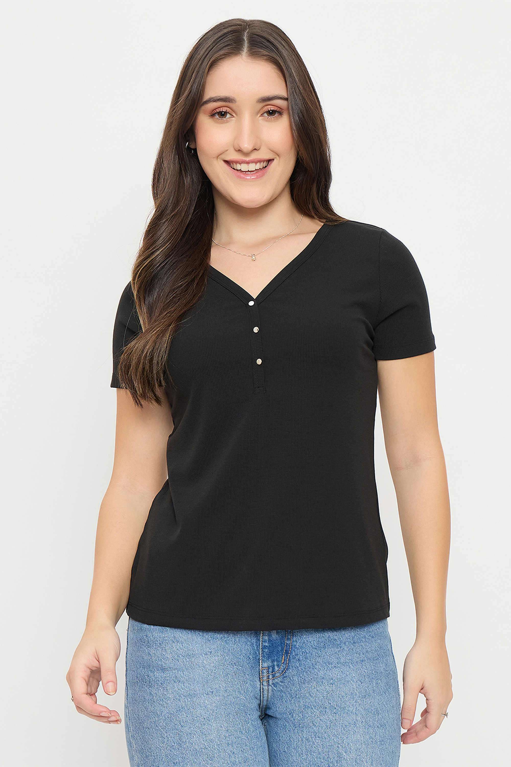madame Solid Polyester V-Neck Women's T-Shirt-picture-38