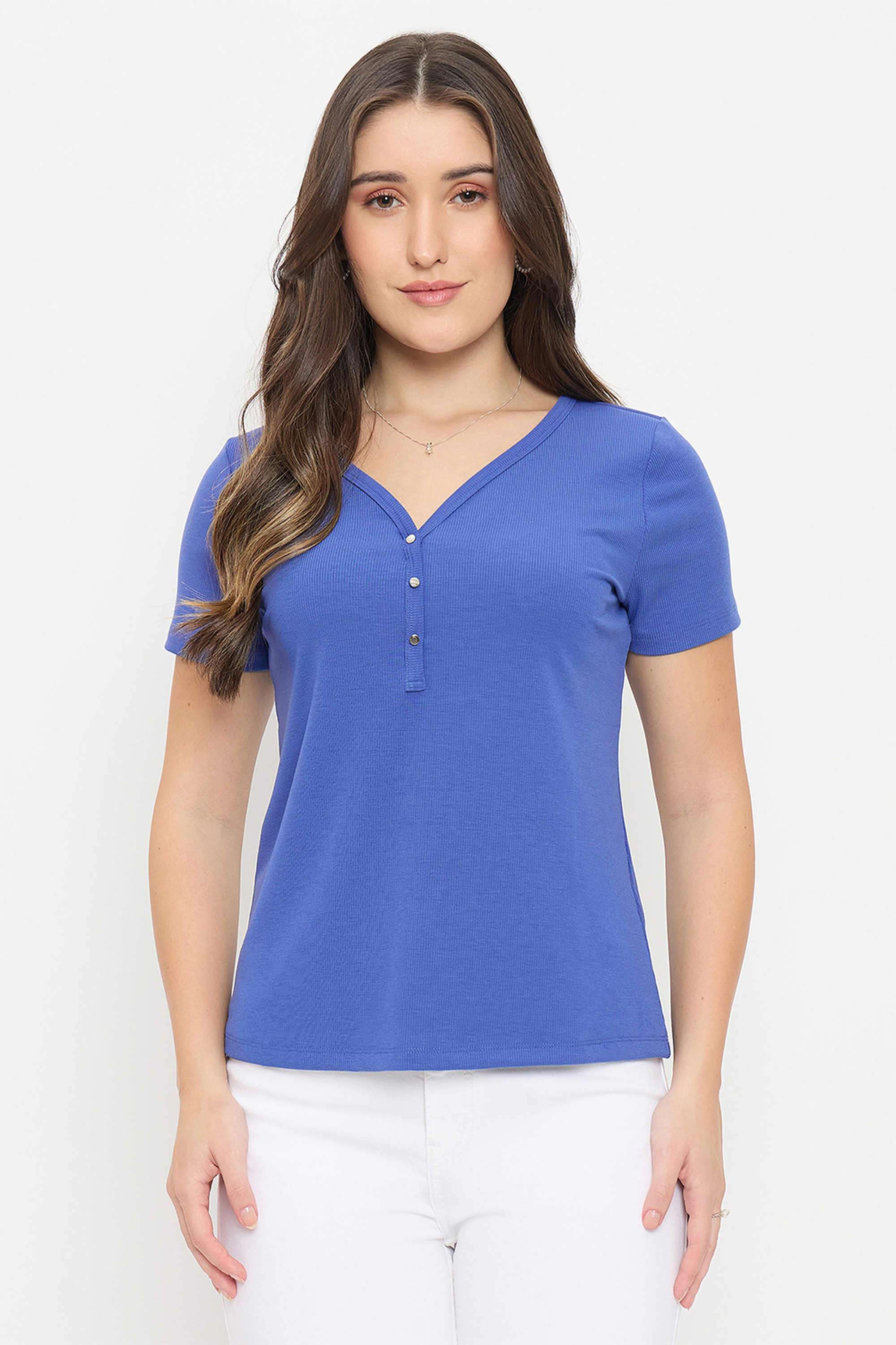 madame Solid Polyester V-Neck Women's T-Shirt-picture-37