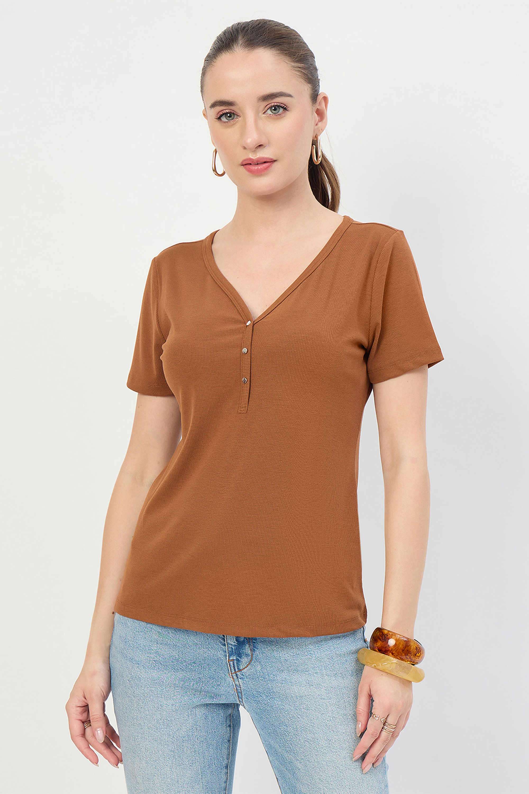 madame Solid Polyester V-Neck Women's T-Shirt-picture-36