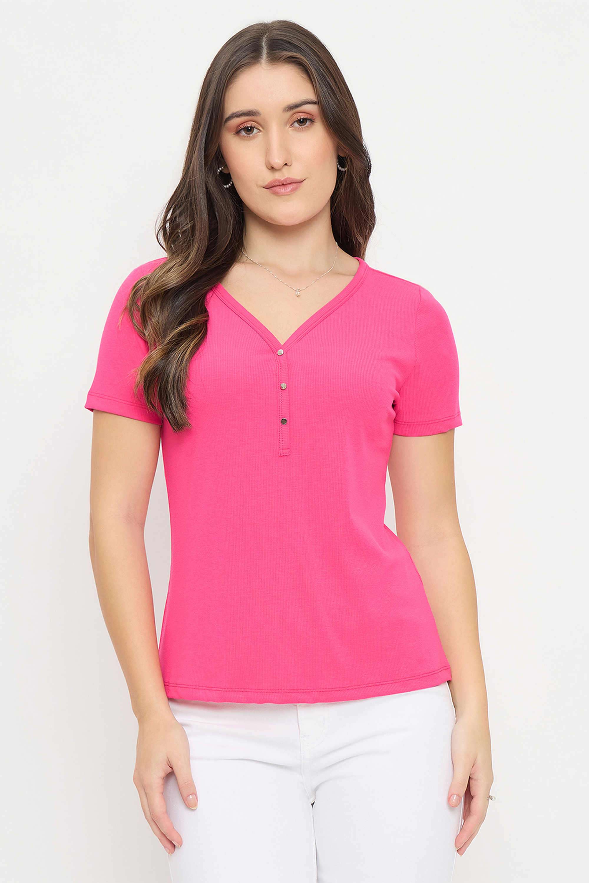 madame Solid Polyester V-Neck Women's T-Shirt-picture-35