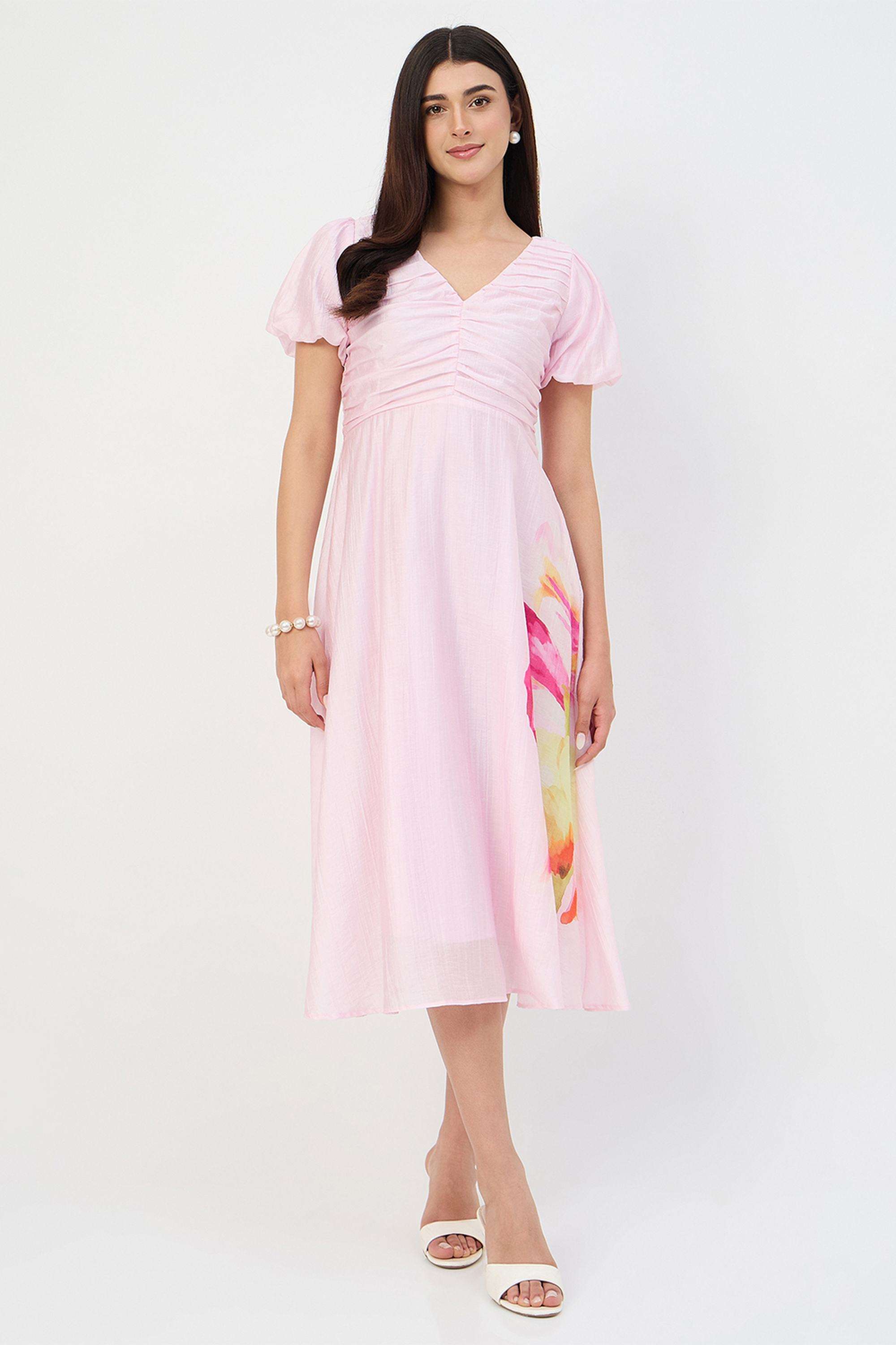 Buy Madame Pink Printed V-Neck Nylon Women's Dress | Shoppers Stop