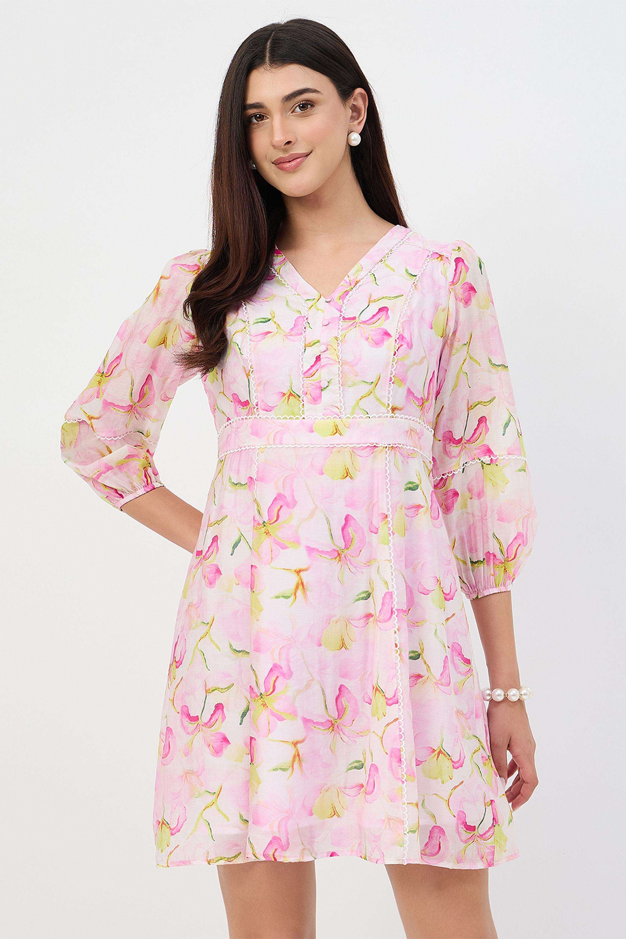 Floral-Round-Neck-Nylon-Women-s-Dress