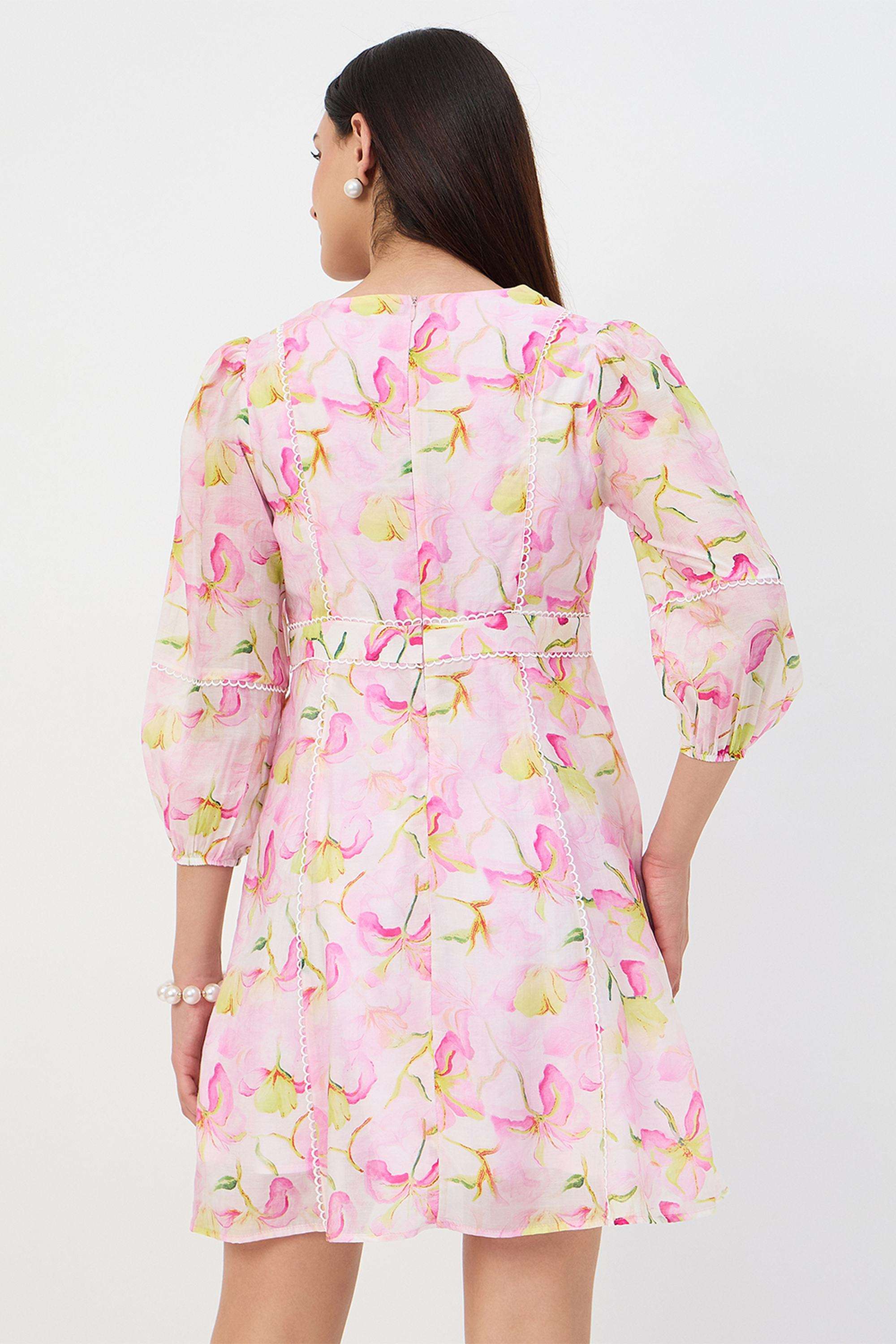 Floral-Round-Neck-Nylon-Women-s-Dress