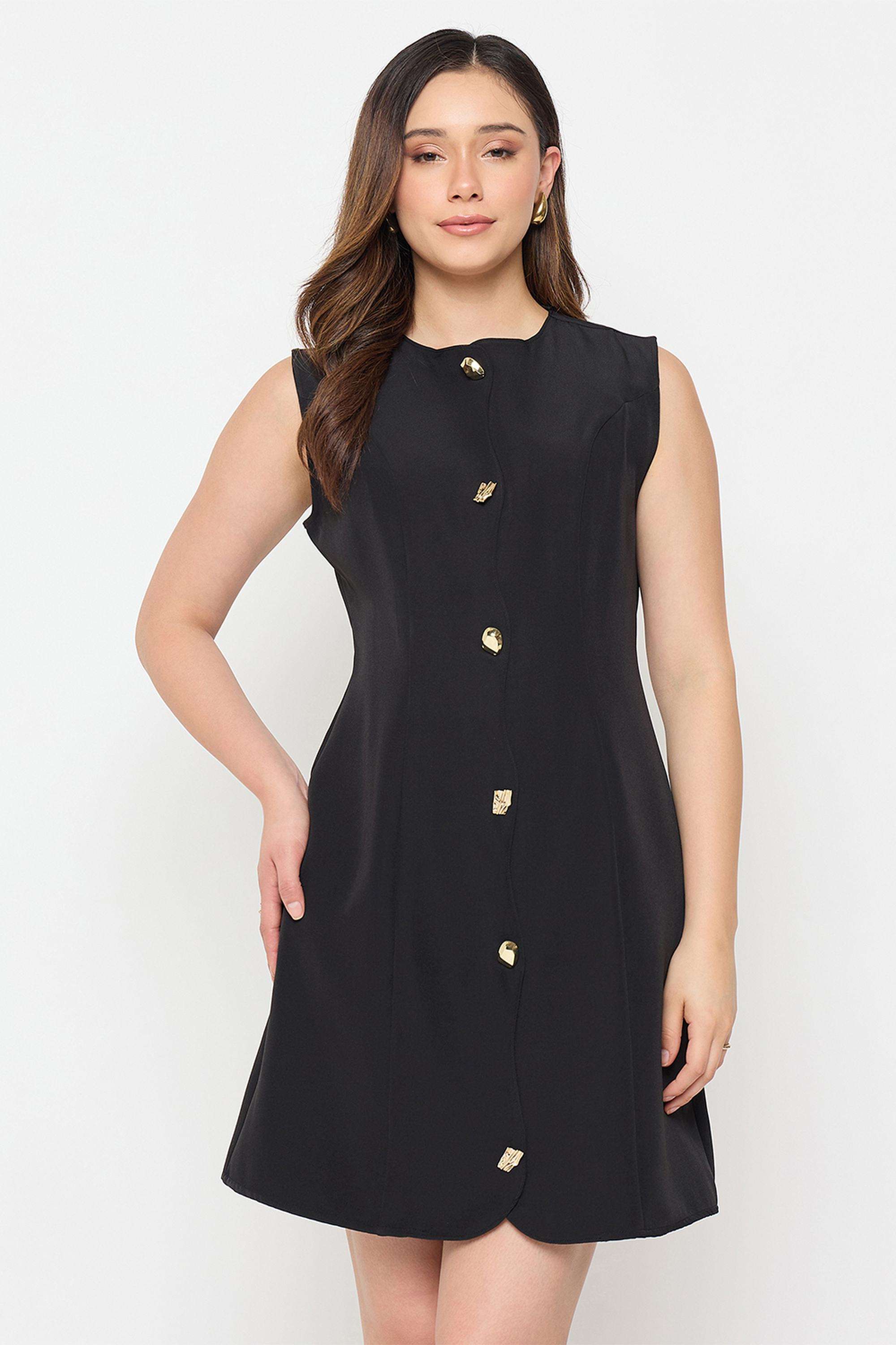 Solid-Round-Neck-Polyester-Women-Dress