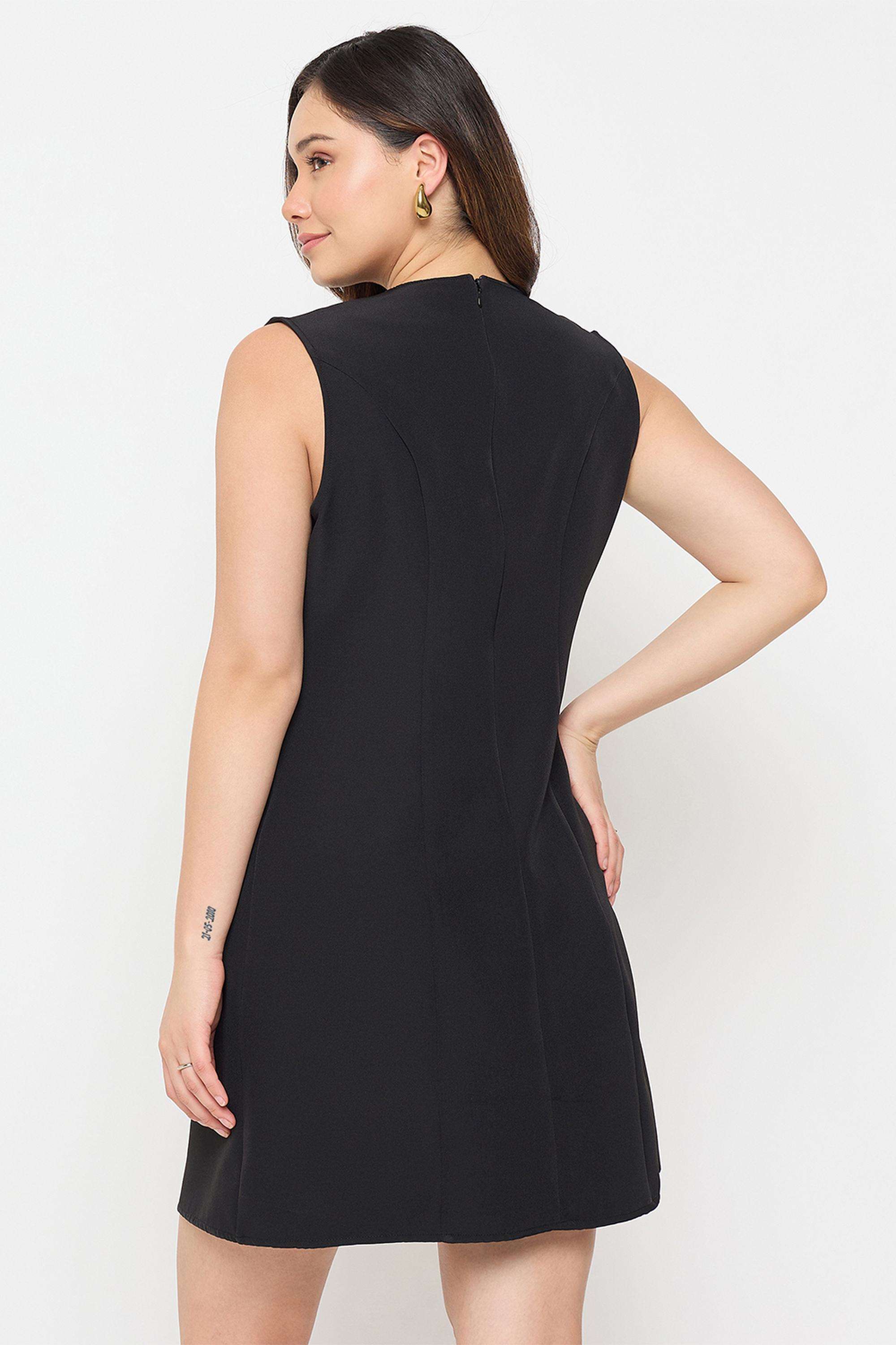 Solid-Round-Neck-Polyester-Women-Dress