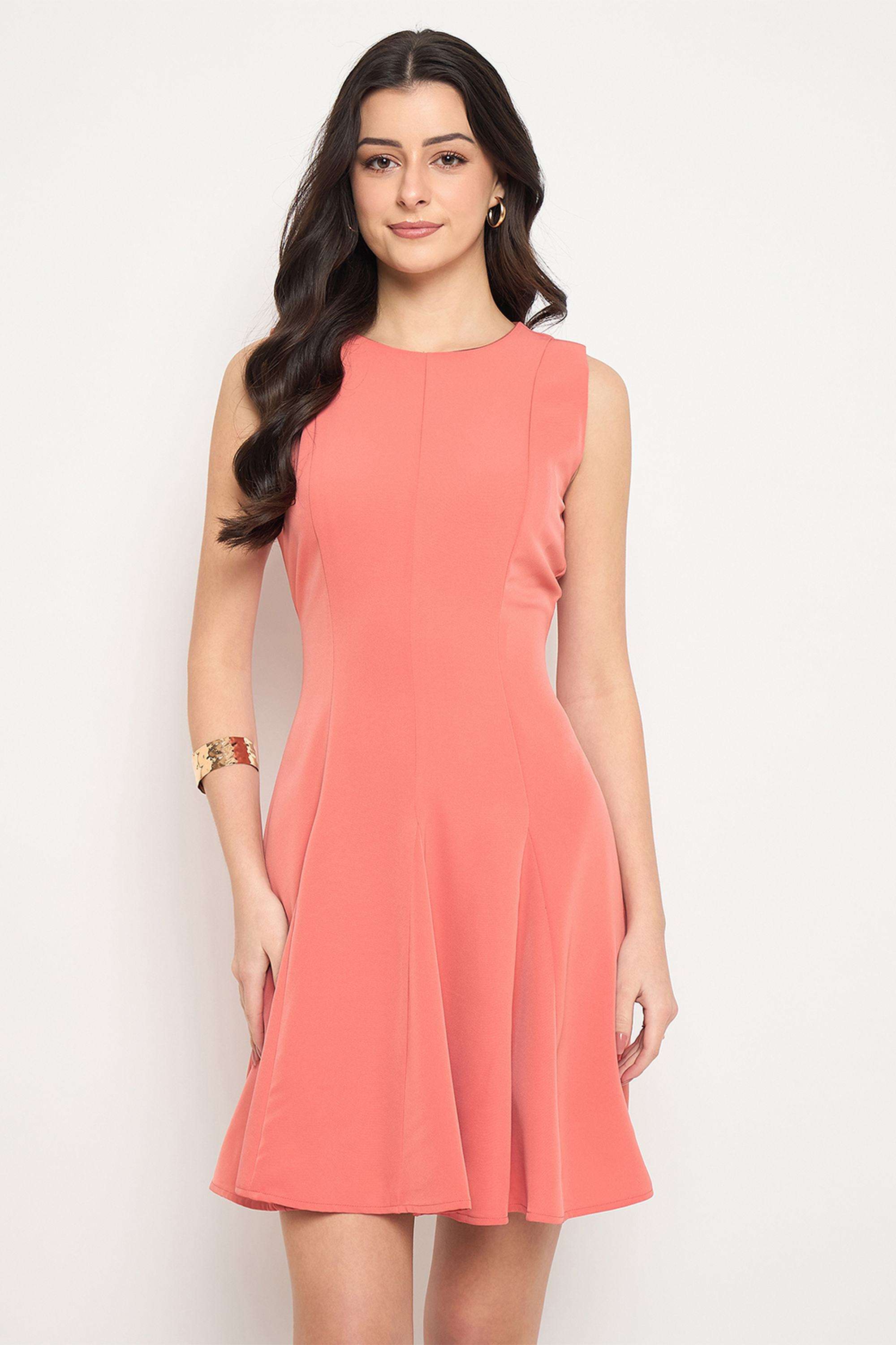 Solid-Polyester-Round-Neck-Women-s-Dress