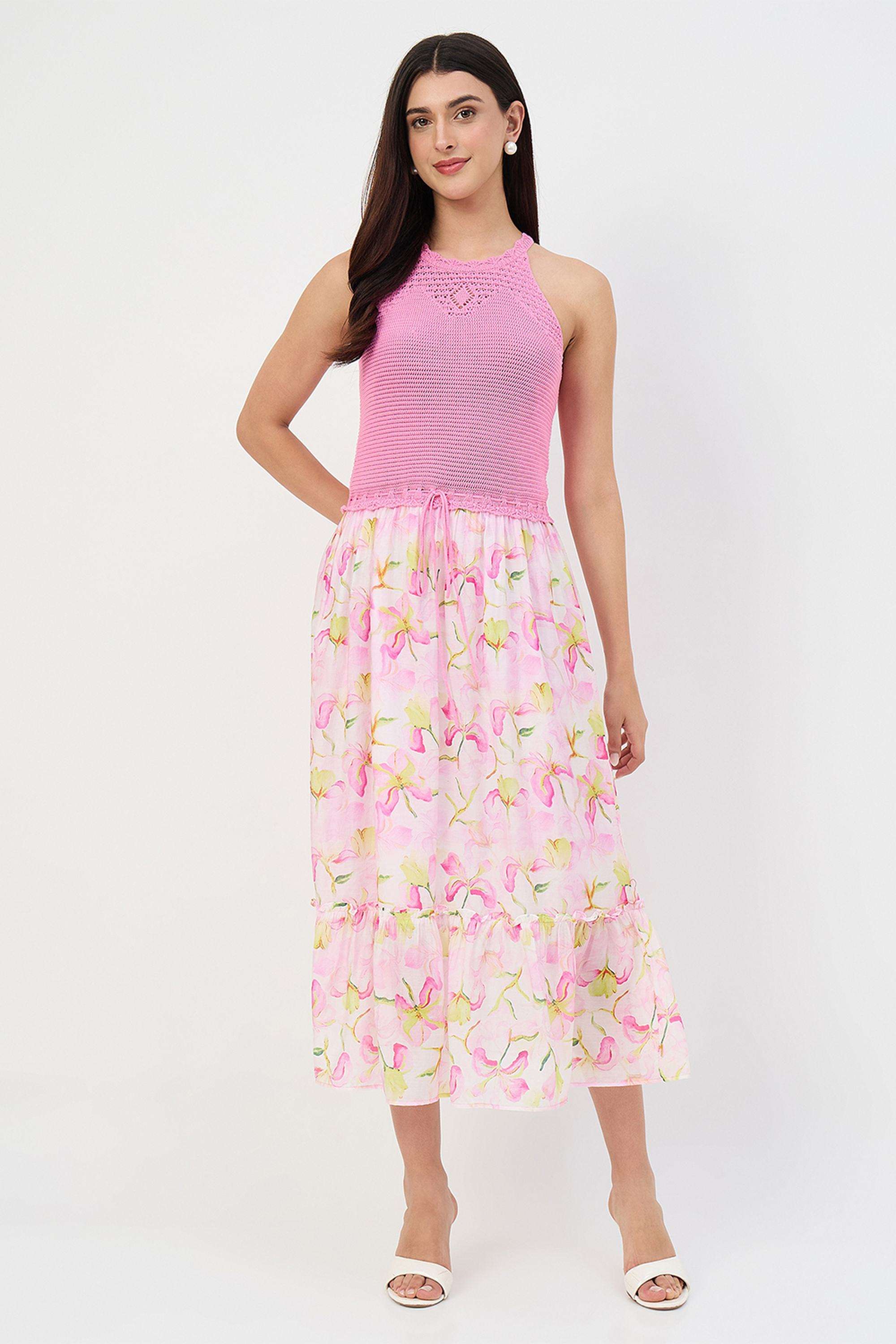 Floral-Halter-Neck-Nylon-Women-s-Dress
