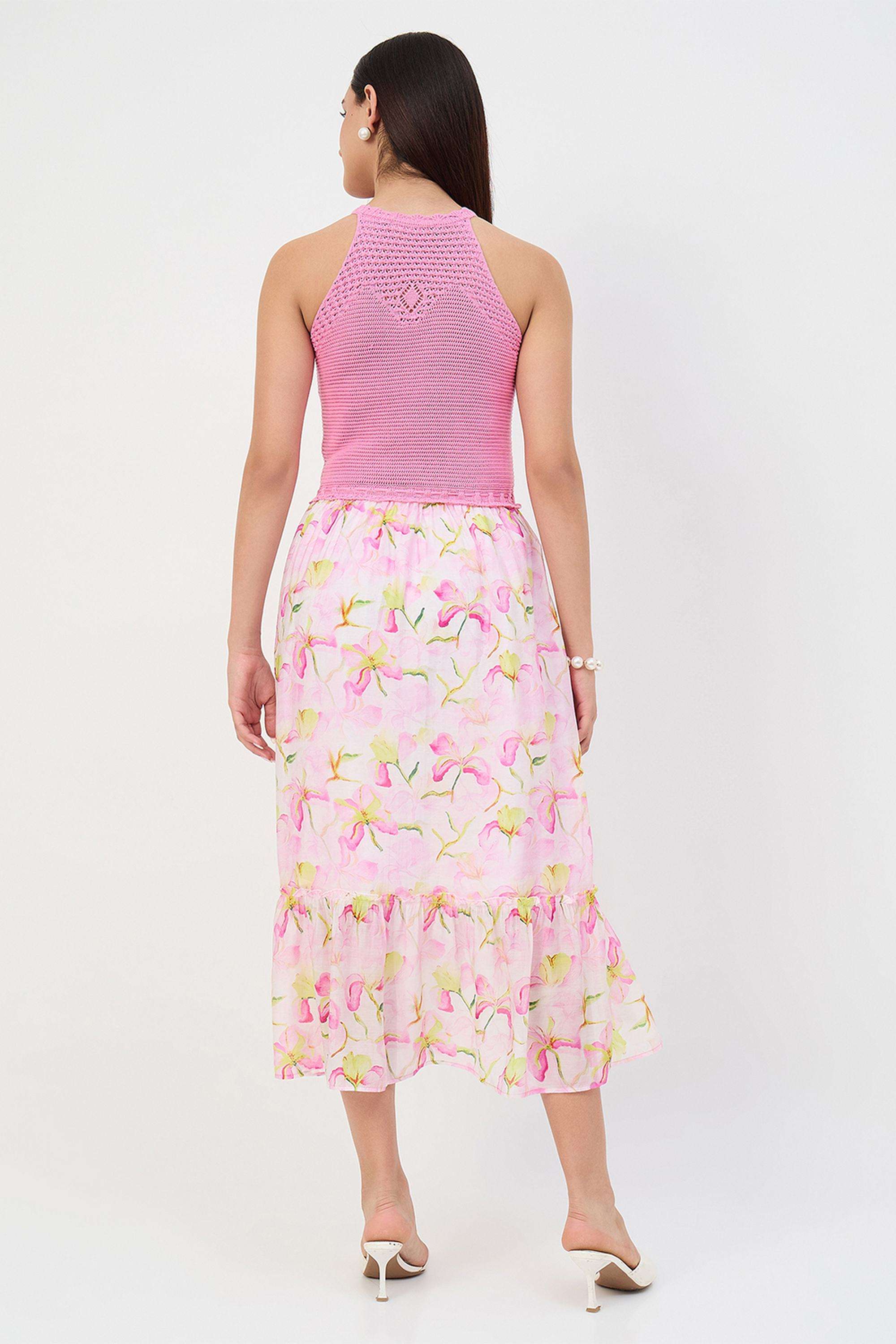 Floral-Halter-Neck-Nylon-Women-s-Dress