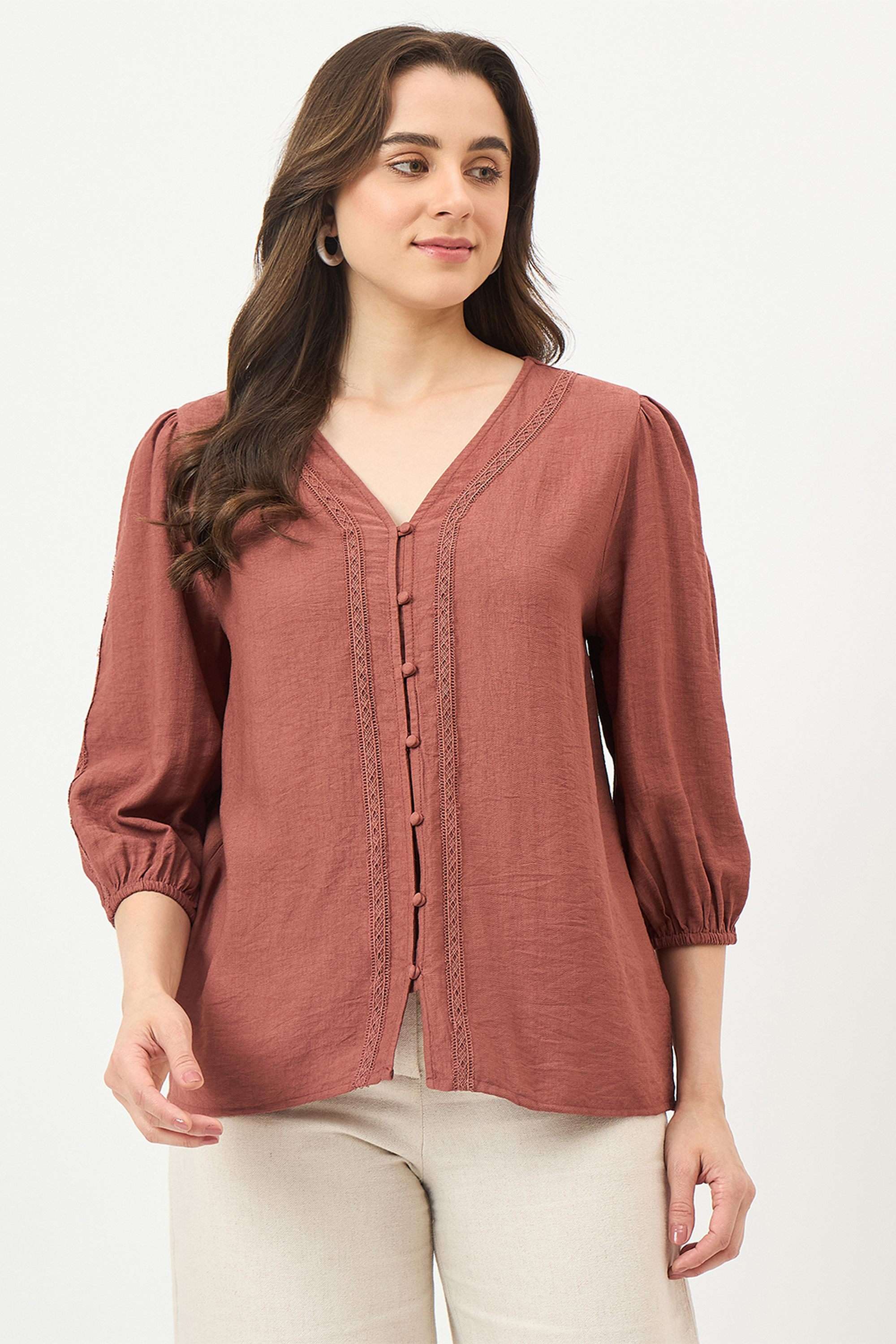 Textured-Rayon-V-Neck-Women-s-Top