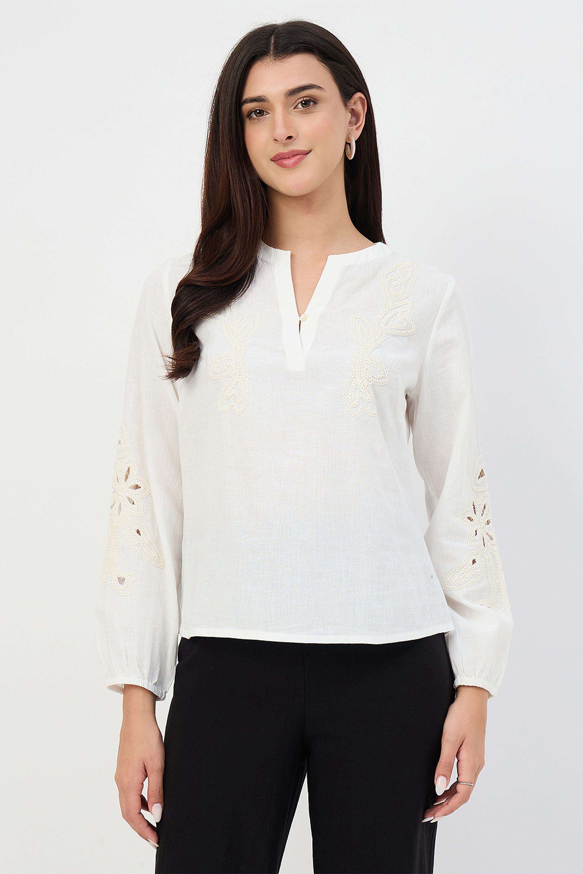 Embroidered-Cotton-V-Neck-Women-s-Top