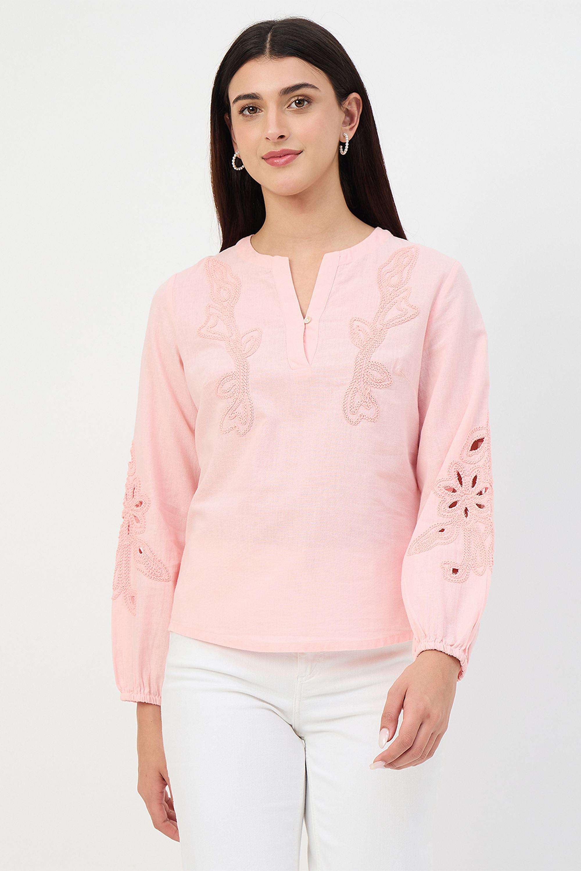 Embroidered-Cotton-V-Neck-Women-s-Top