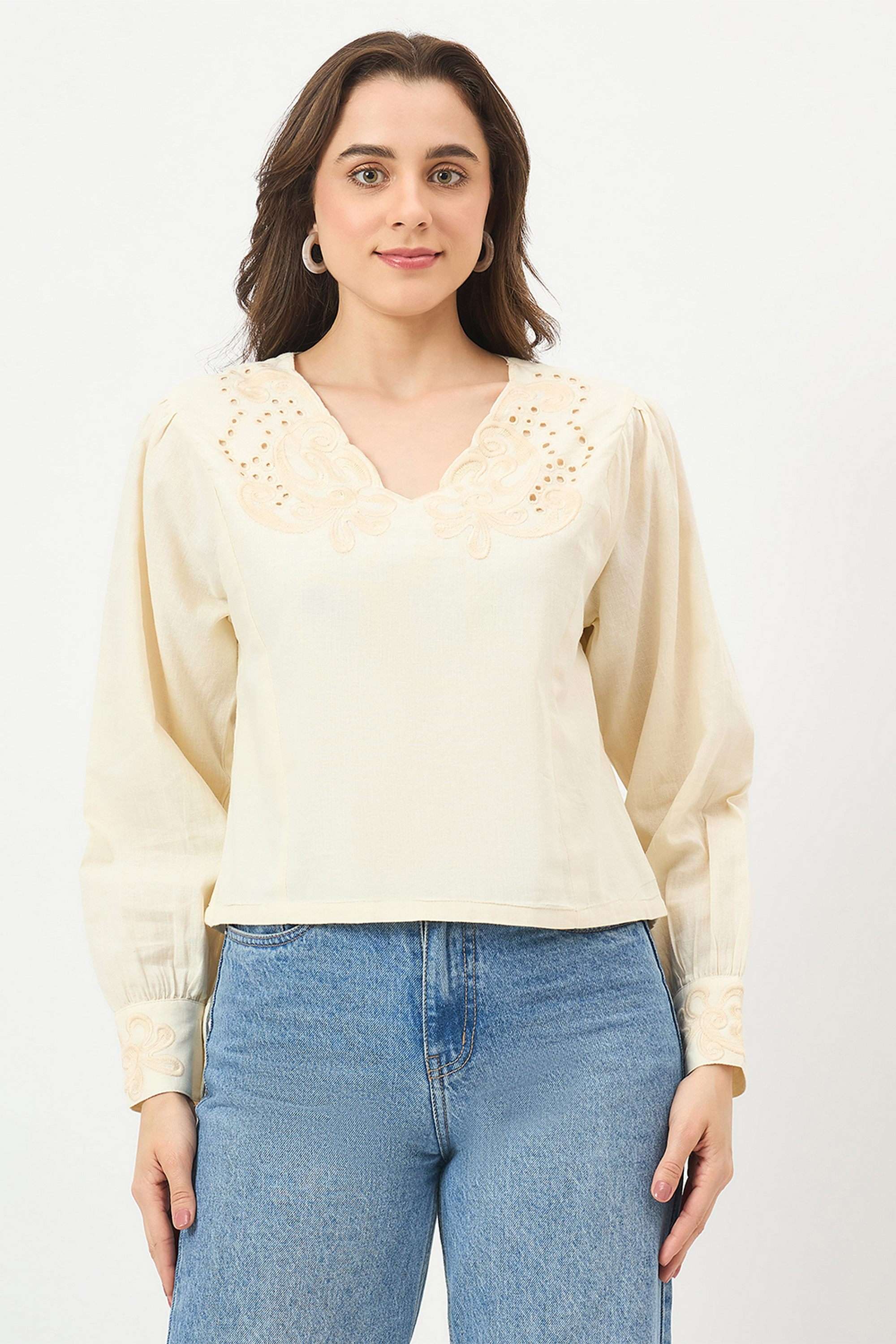 Embroidered-Cotton-V-Neck-Women-s-Top