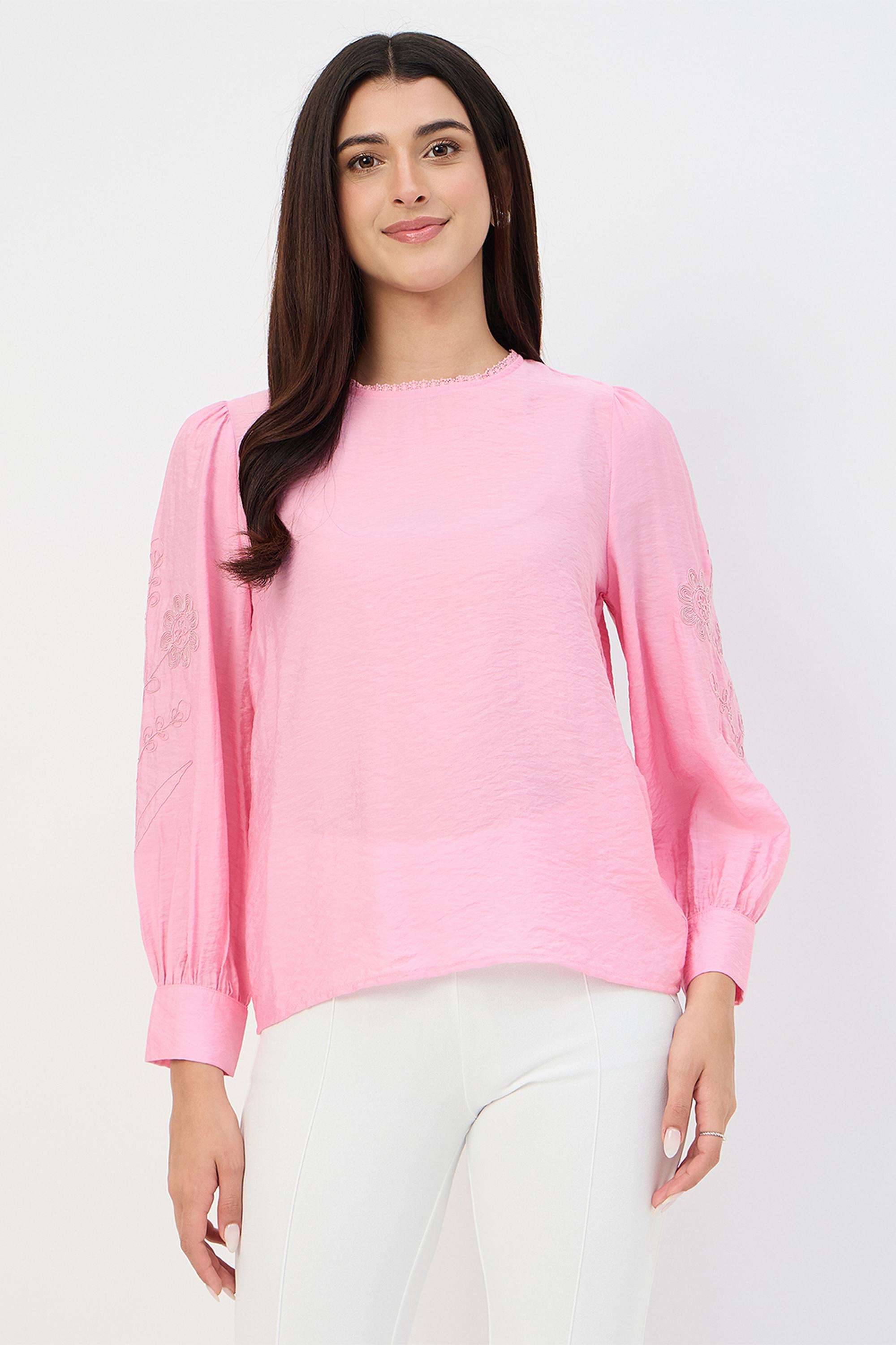 Embroidered-Viscose-Round-Neck-Women-s-Top