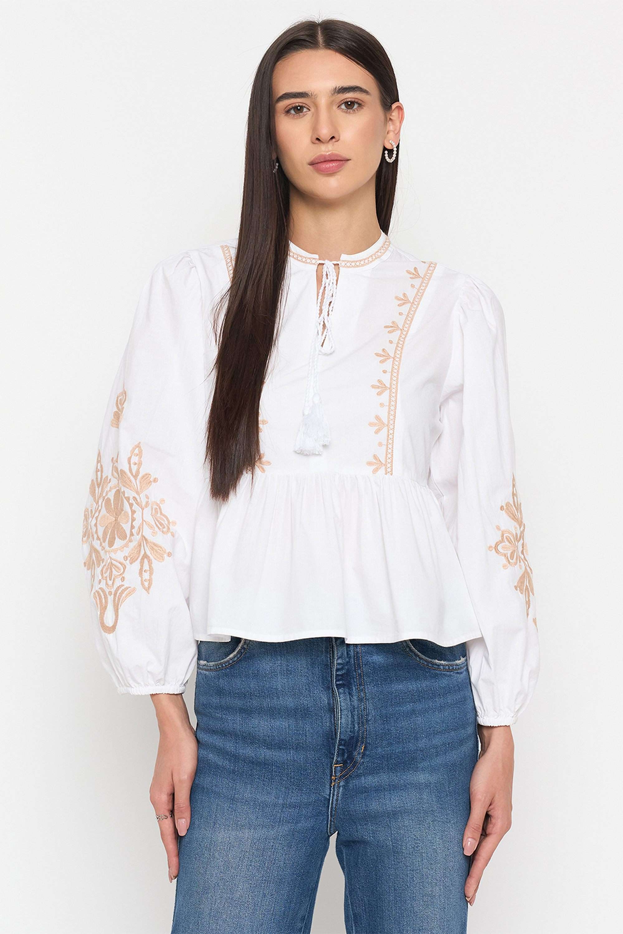 Embroidered-Cotton-V-Neck-Women-s-Top