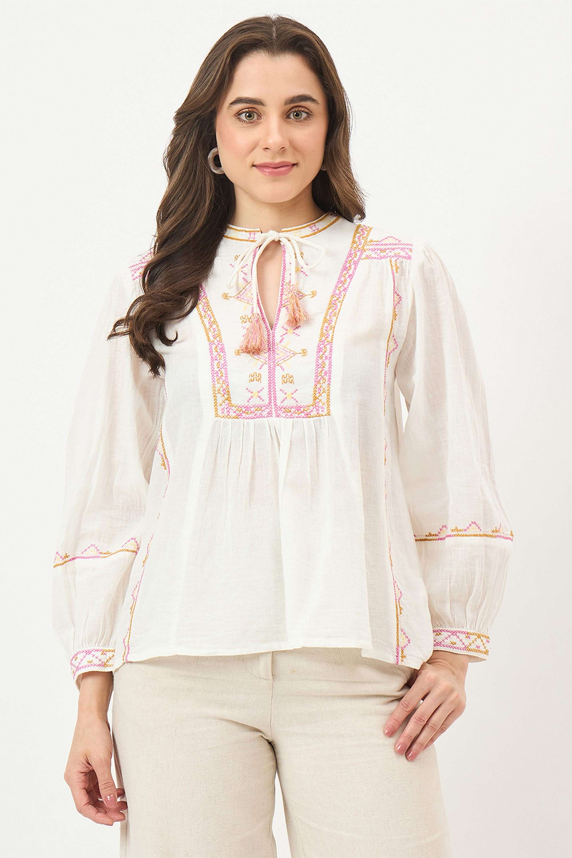 Embroidered-Cotton-V-Neck-Women-s-Top