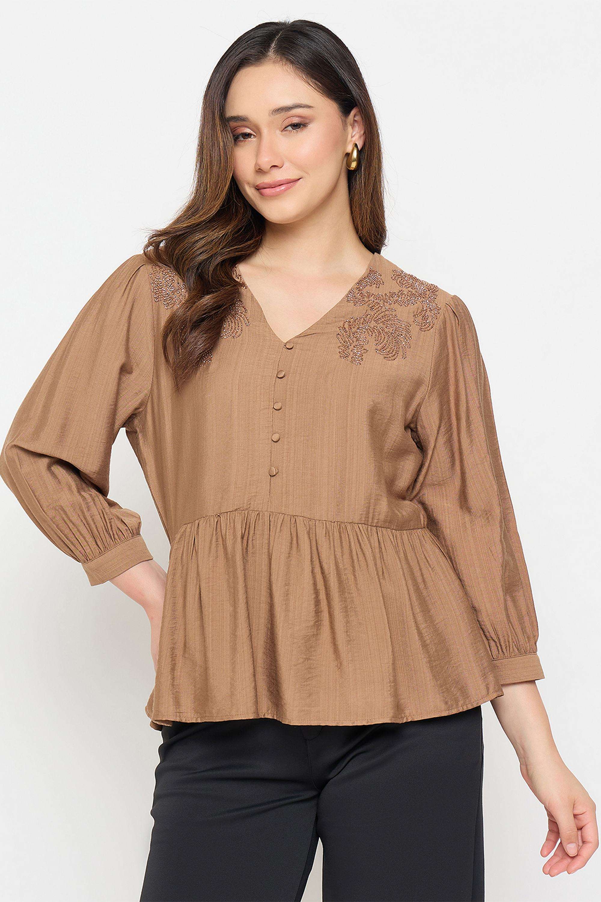 Solid-Rayon-V-Neck-Women-s-Top