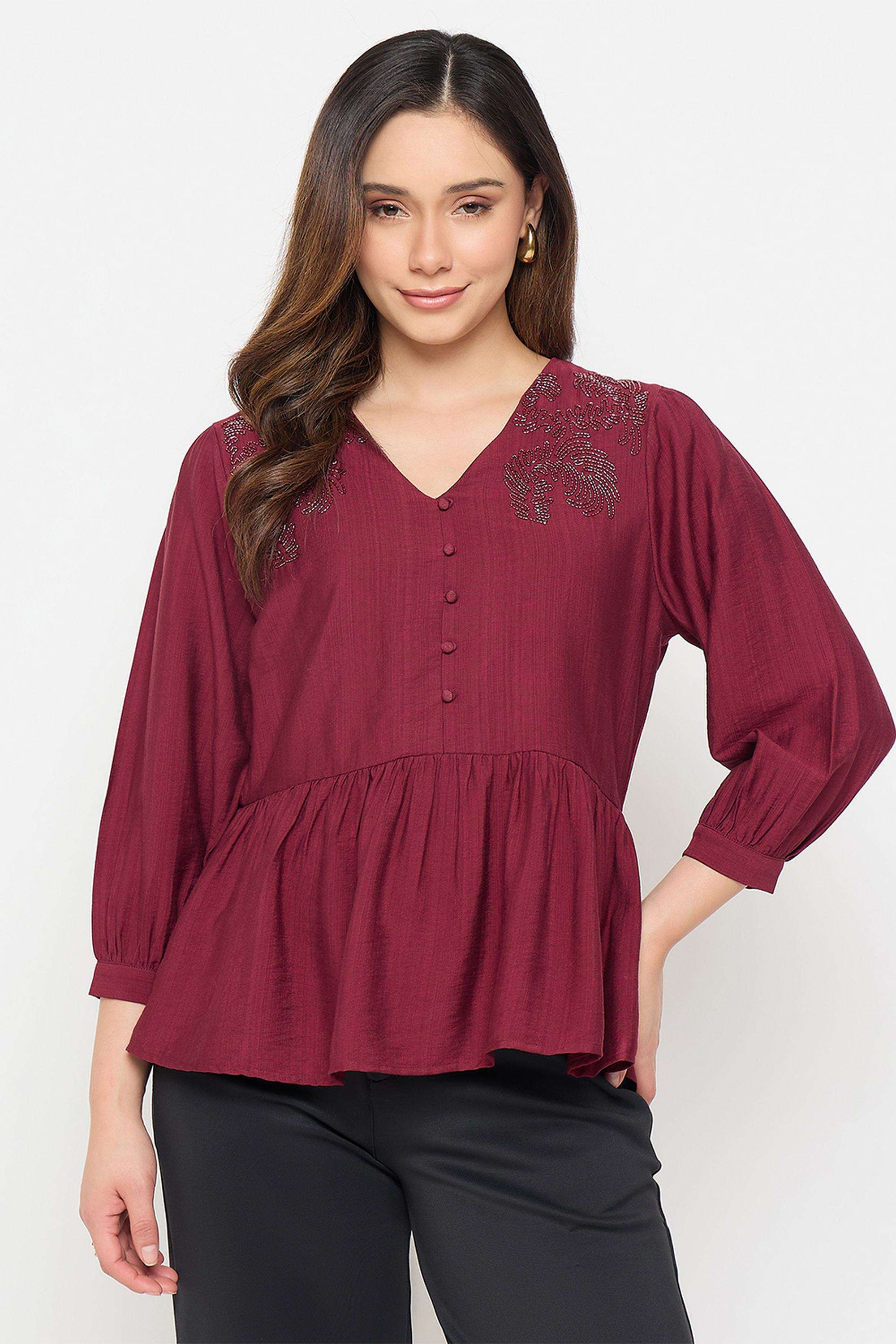 Solid-Rayon-V-Neck-Women-s-Top