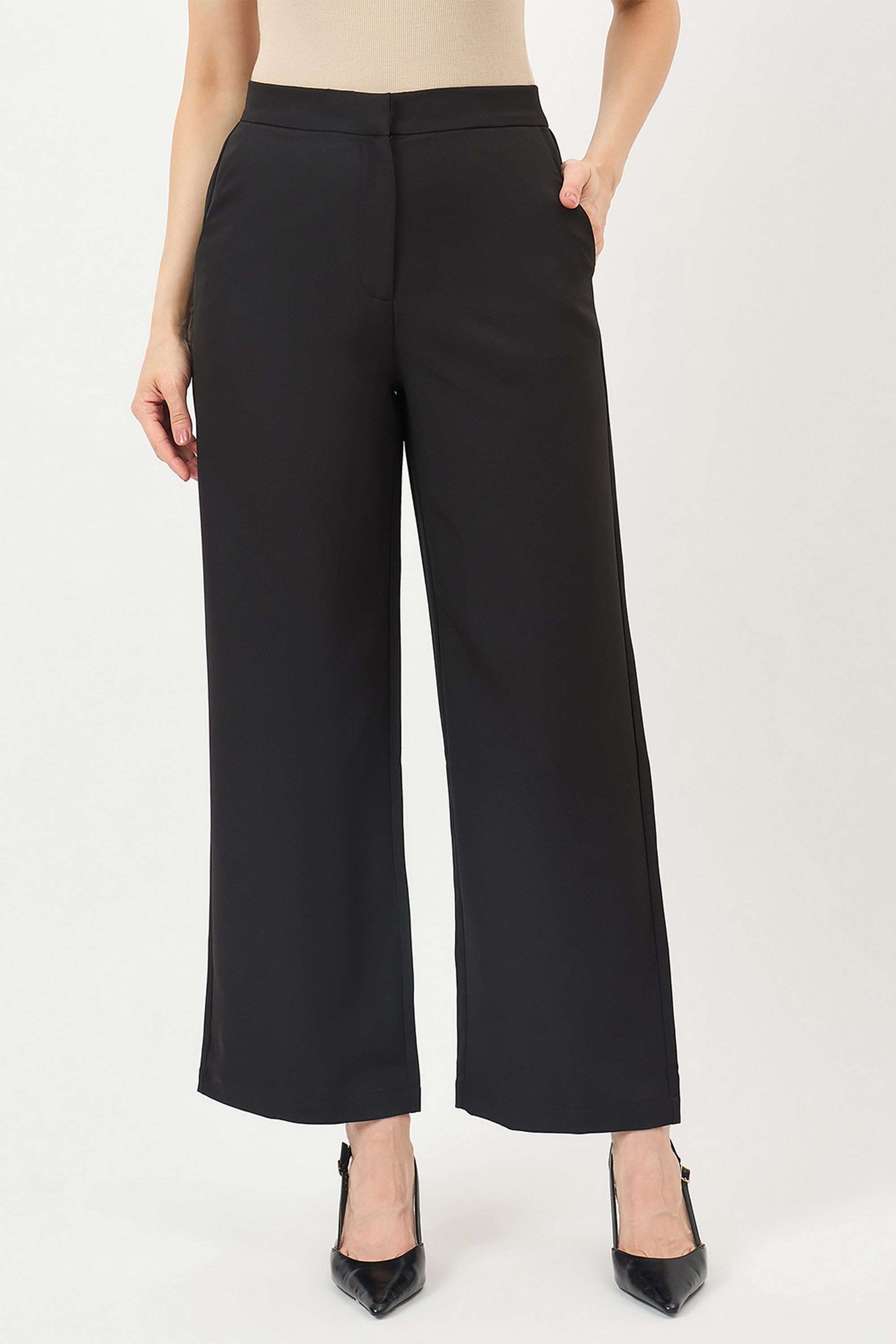 Solid-Straight-Fit-Polyester-Women-s-Casual-Wear-Trousers