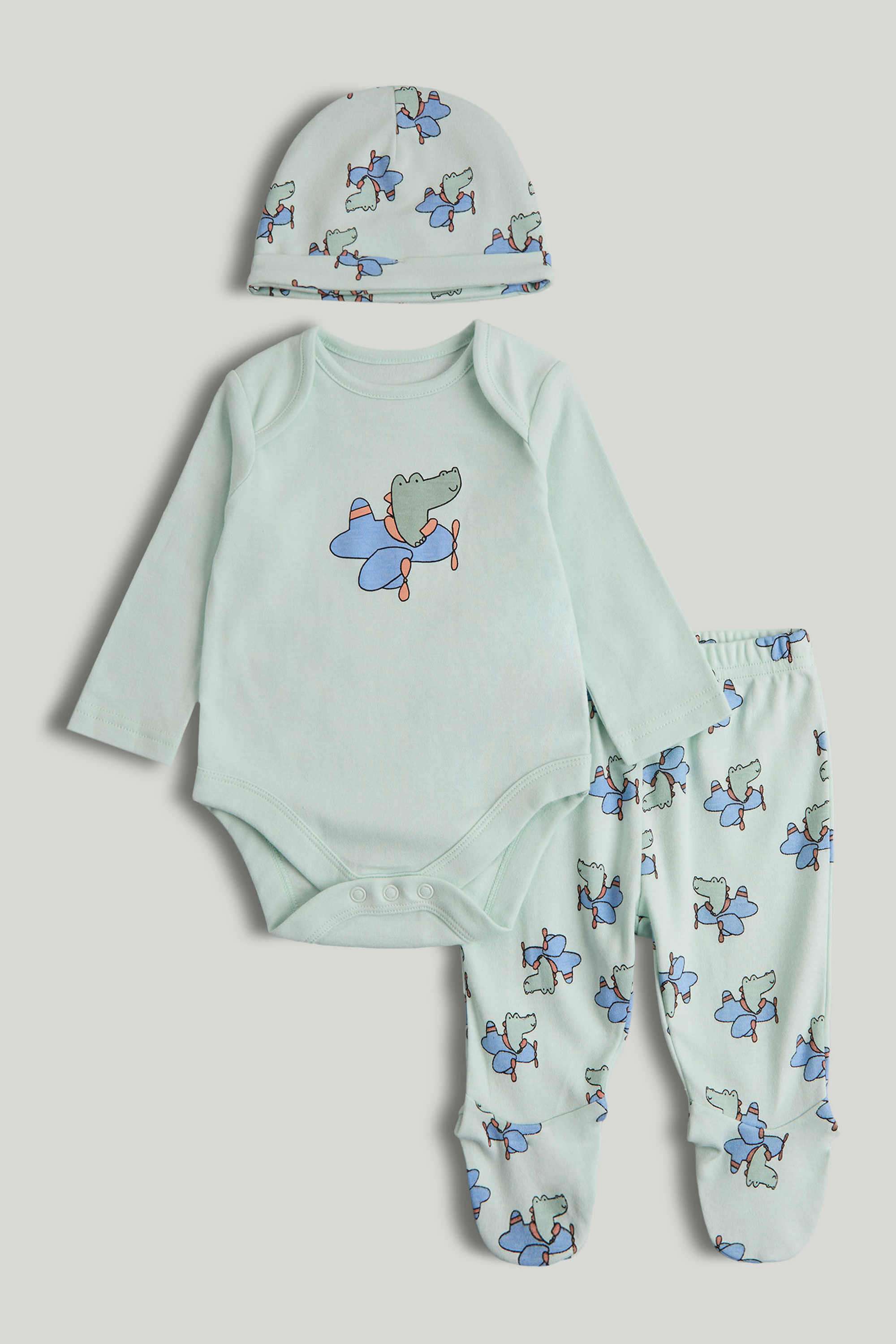 Baby-Boys-Printed-Full-Sleeves-3-Piece-Bodysuit -Pant-And-Cap-Set---Light-Green