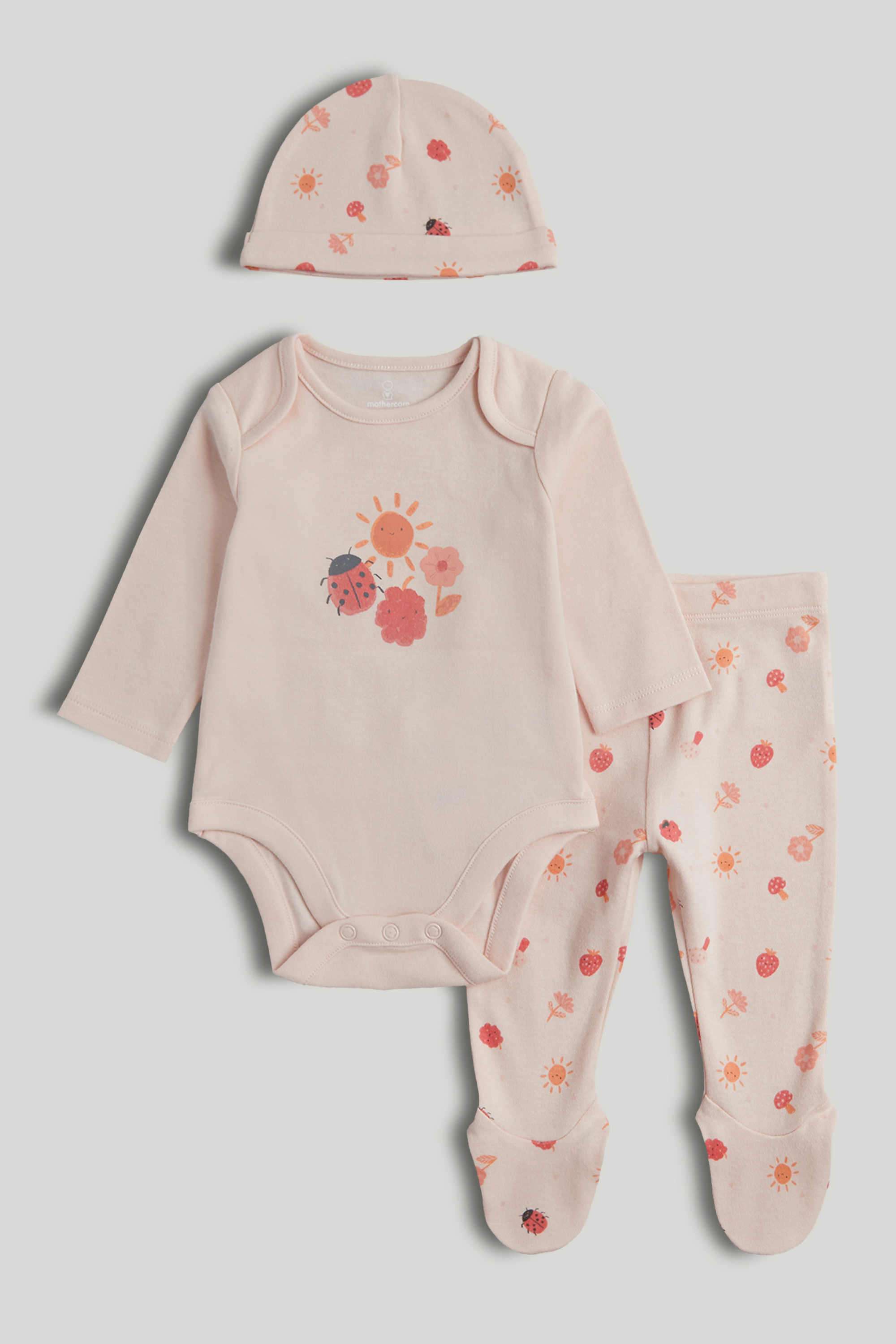 Baby-Girls-Printed-Full-Sleeves-3-Piece-Bodysuit -Pant-And-Cap-Set---Light-Pink