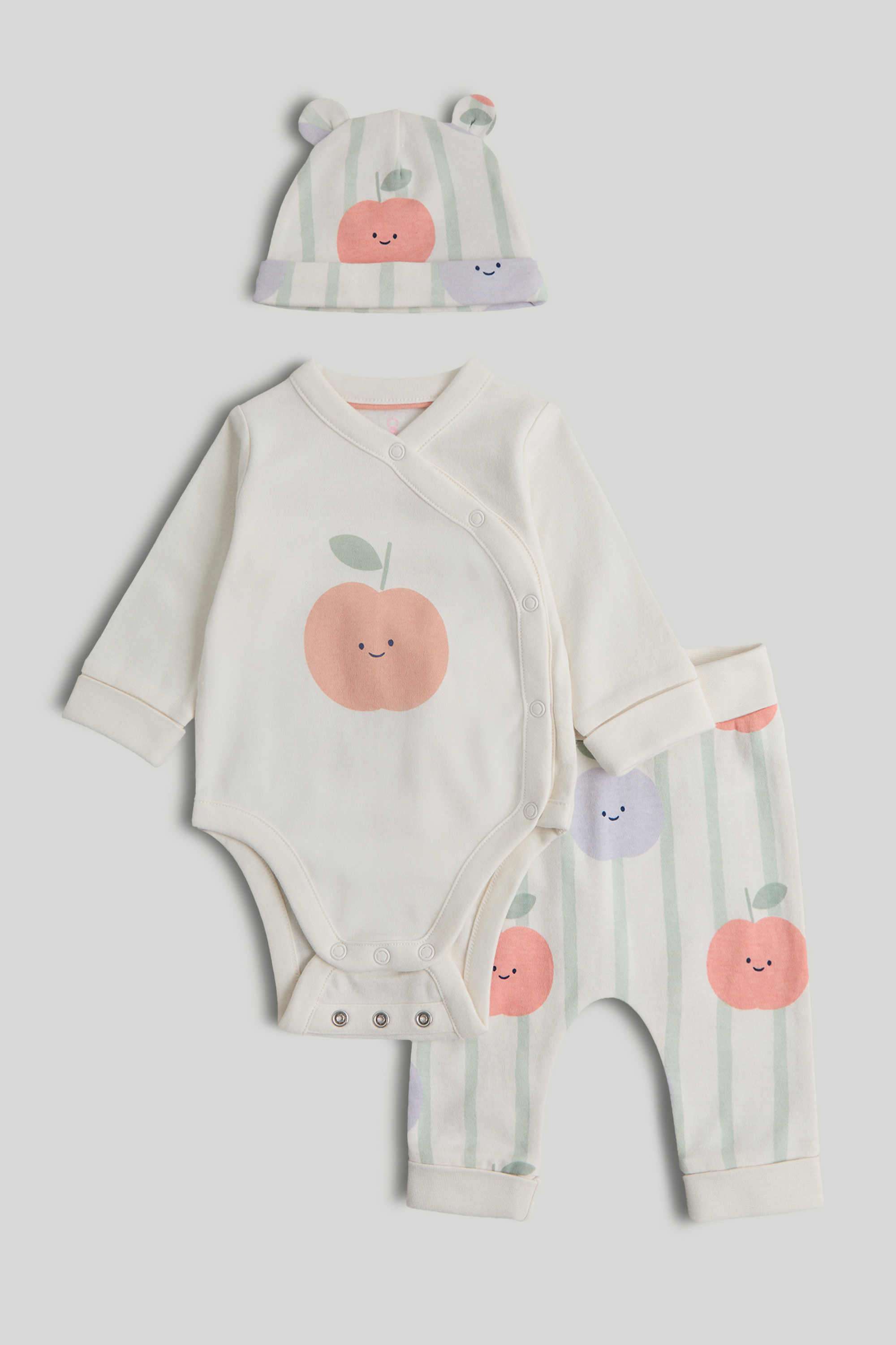 Newborn-Girls-Printed-Full-Sleeves-3-Piece-Bodysuit-And-Jogger-With-Hat-Set---Cream