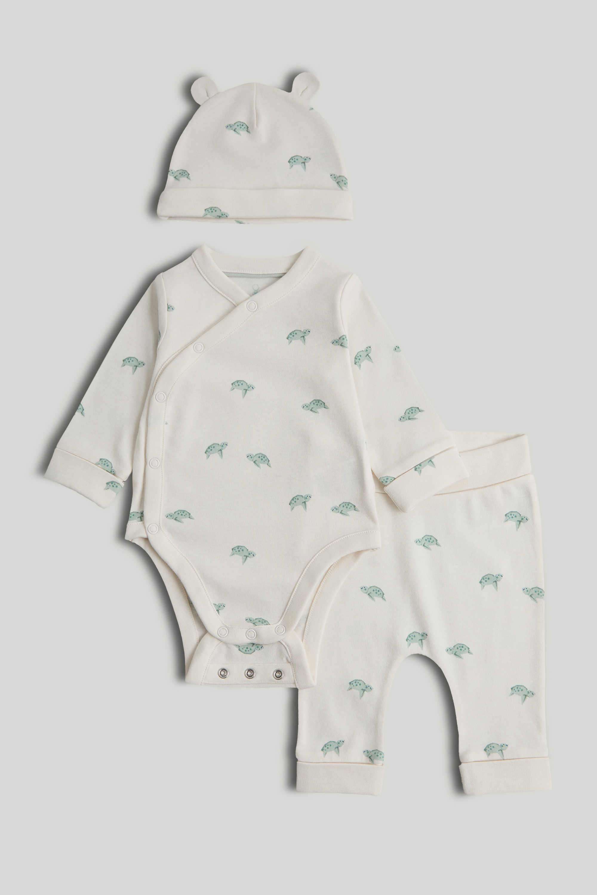 Newborn-Unisex-Printed-Full-Sleeves-3-Piece-Bodysuit-And-Pull-On-Pant-Set---White