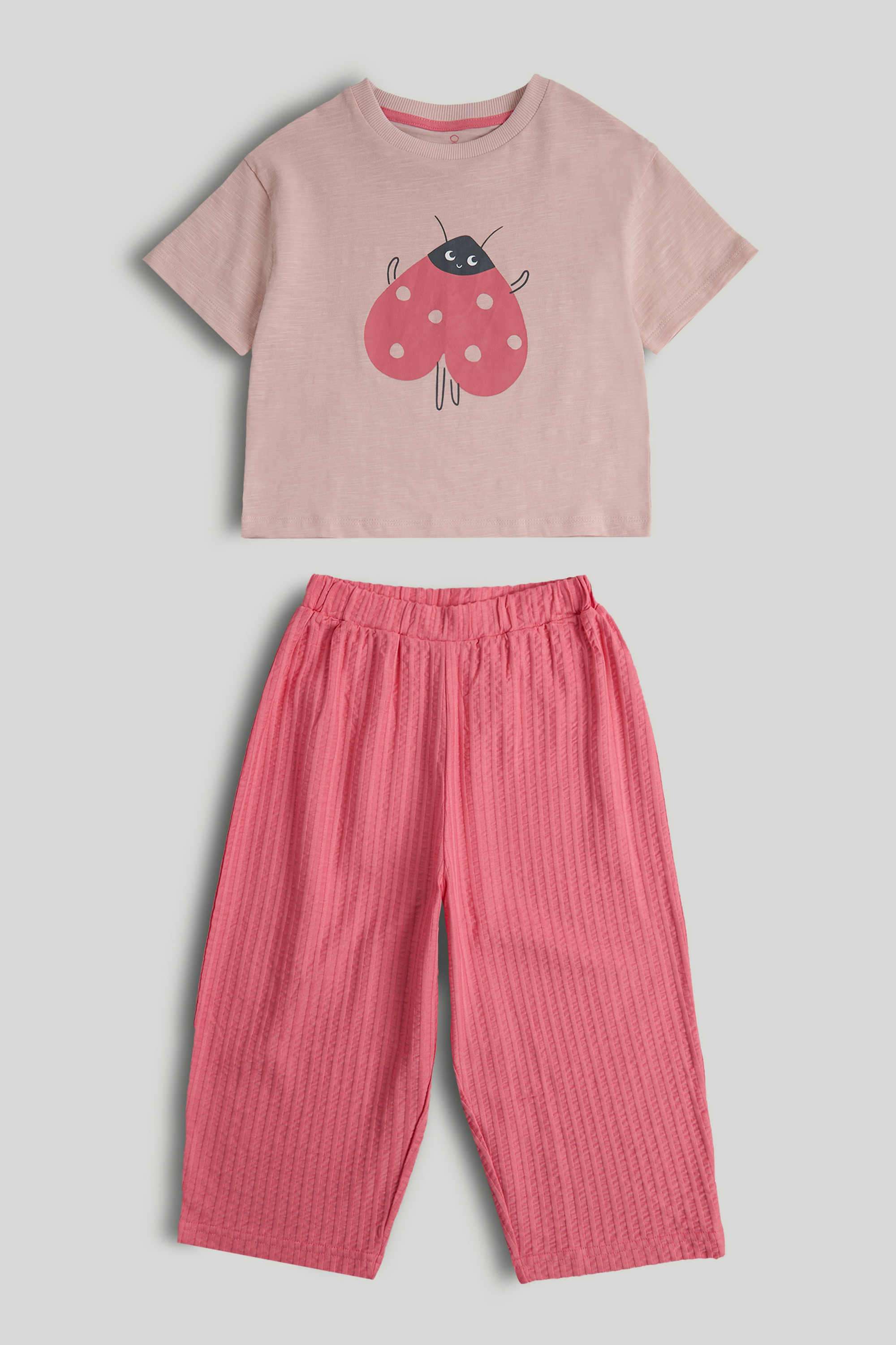 Mini-Girls-Strawberry-Fields-Printed-Short-Sleeves-2-Piece-T-Shirt-And-Trouser-Set---Pink