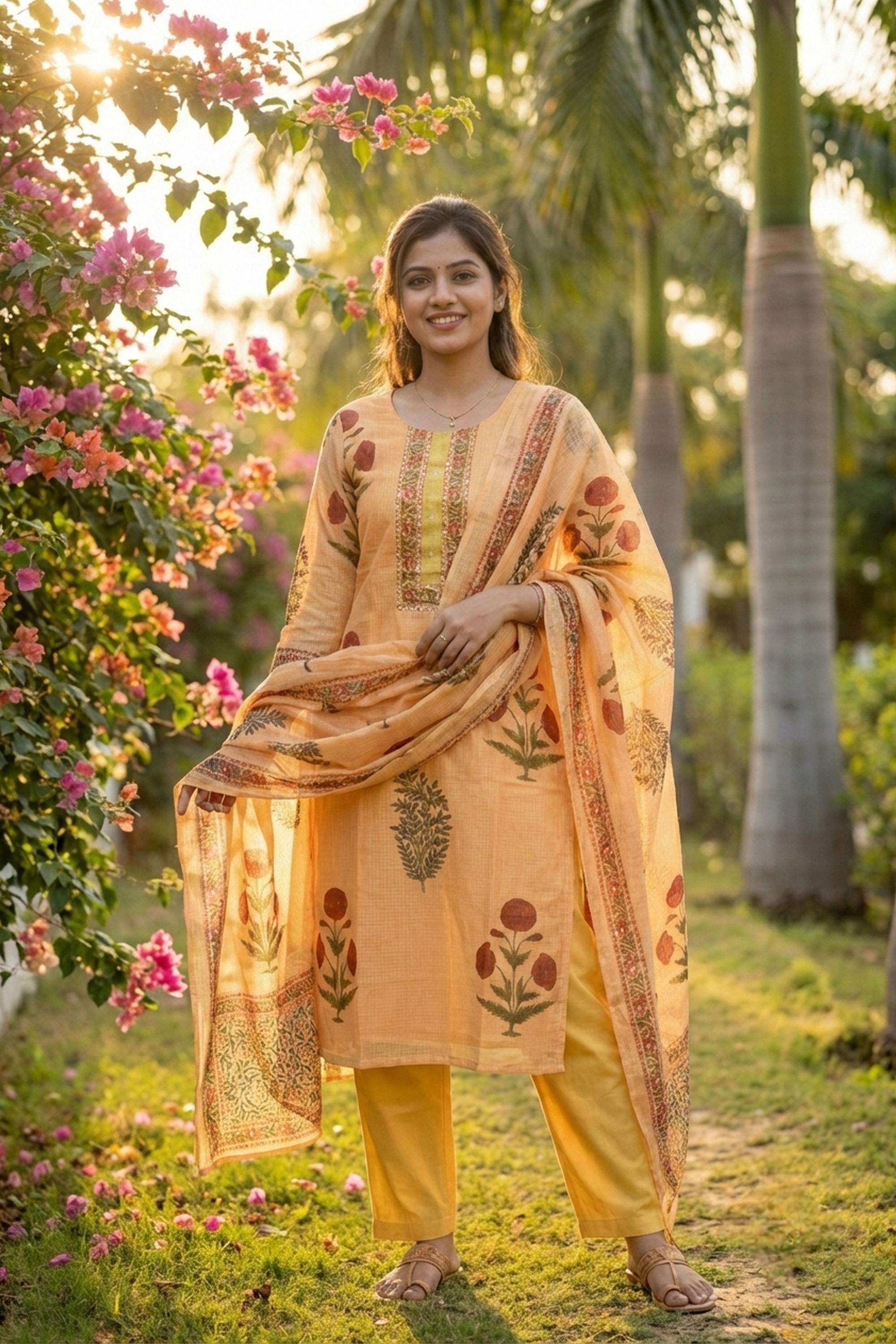 Floral-Cotton-Round-Neck-Women-Kurta-with-Pant-and-Dupatta