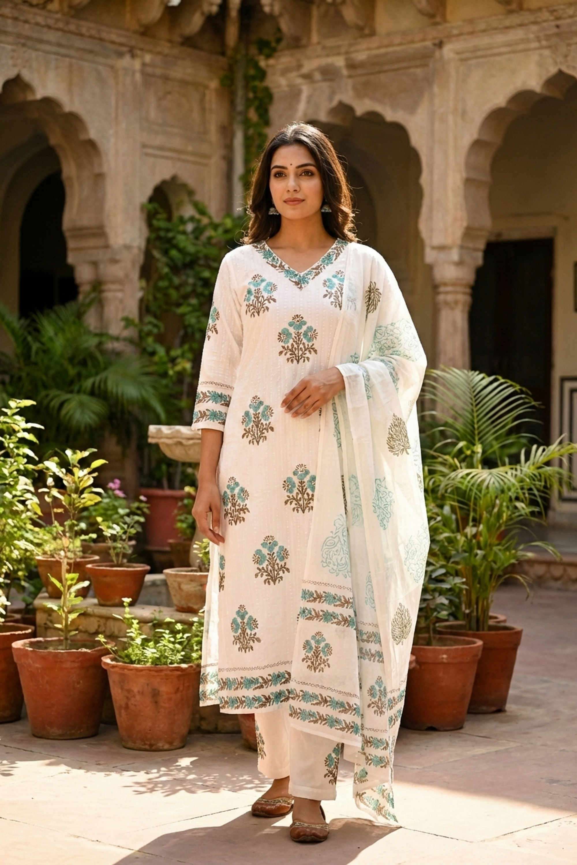 Printed-Cotton-V-Neck-Women-Kurta-with-Pant-and-Dupatta