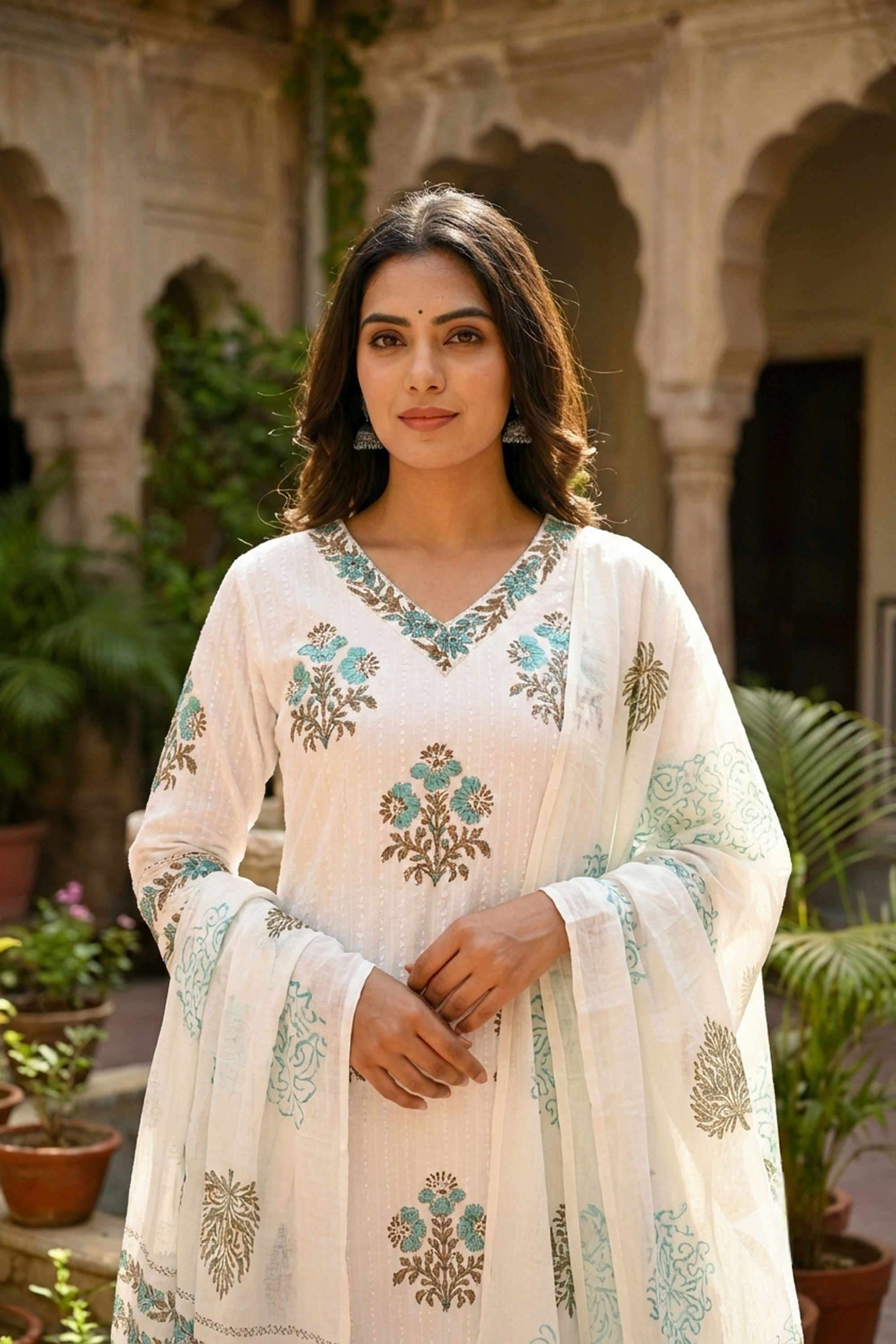 Printed-Cotton-V-Neck-Women-Kurta-with-Pant-and-Dupatta