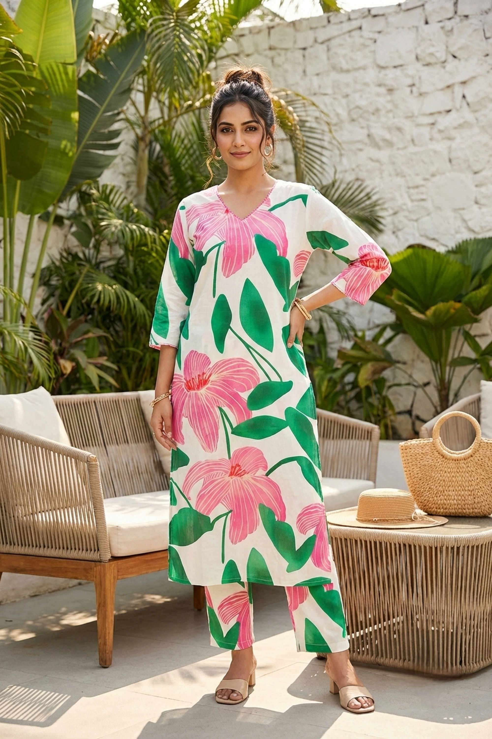 Floral-Cotton-V-Neck-Women-Kurta-with-Pant